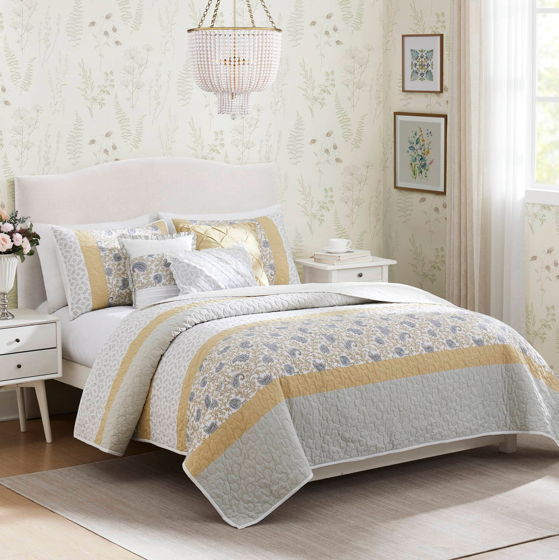 6 Piece Cotton Percale Quilt Set With Throw Pillows Yellow Full Queen Full Yellow Polyester
