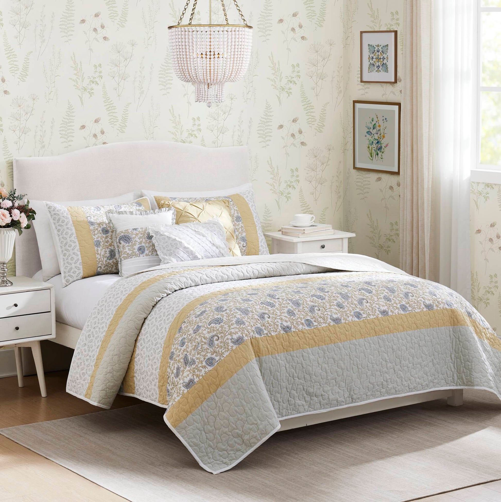 6 Piece Cotton Percale Quilt Set With Throw Pillows Yellow Full Queen Full Yellow Polyester