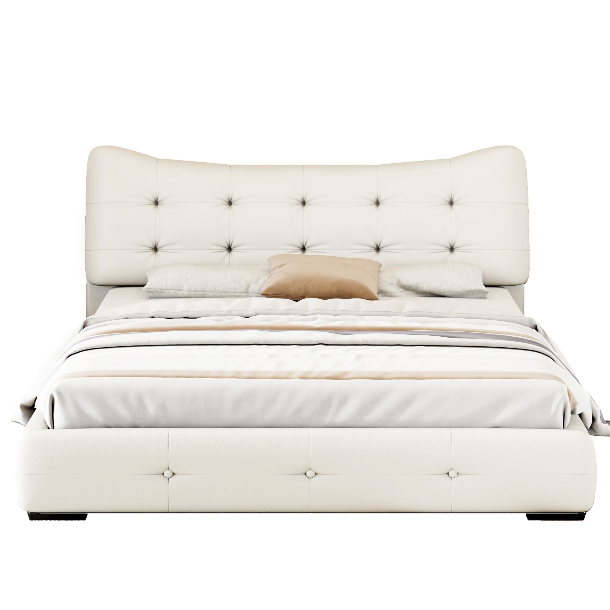 Modern Pu Upholstered Queen Bed With Ergonomic Wingback Headboard, No Box Spring Needed, Cream Box Spring Not Required Queen Cream Composite Bedroom Contemporary Bed Frame Pu,Upholstered