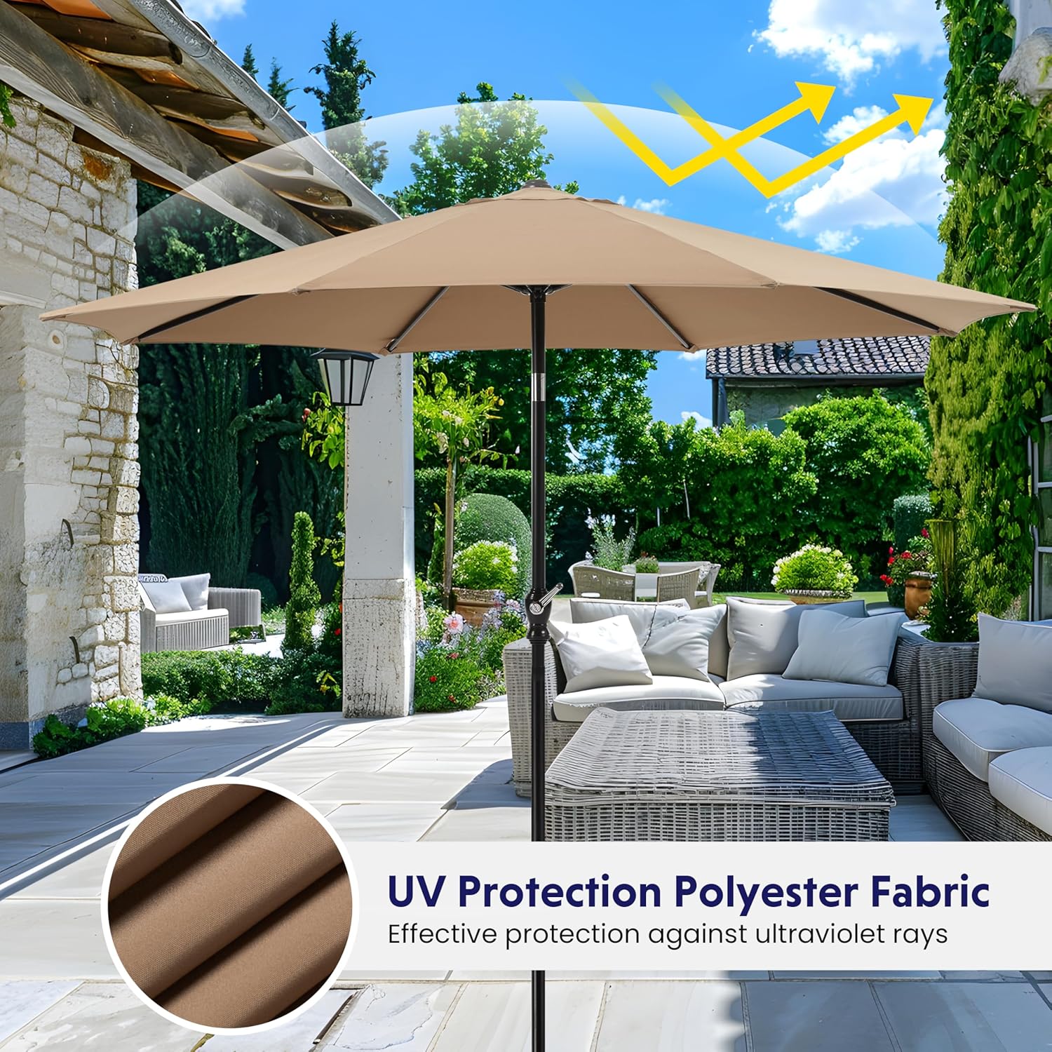 9Ft Outdoor Patio Umbrella With 8 Ribs, Table Umbrellas With Push Button Tilt Crank, Uv Protection Waterproof For Garden Deck Backyard Pool, Khaki Khaki Stainless Steel