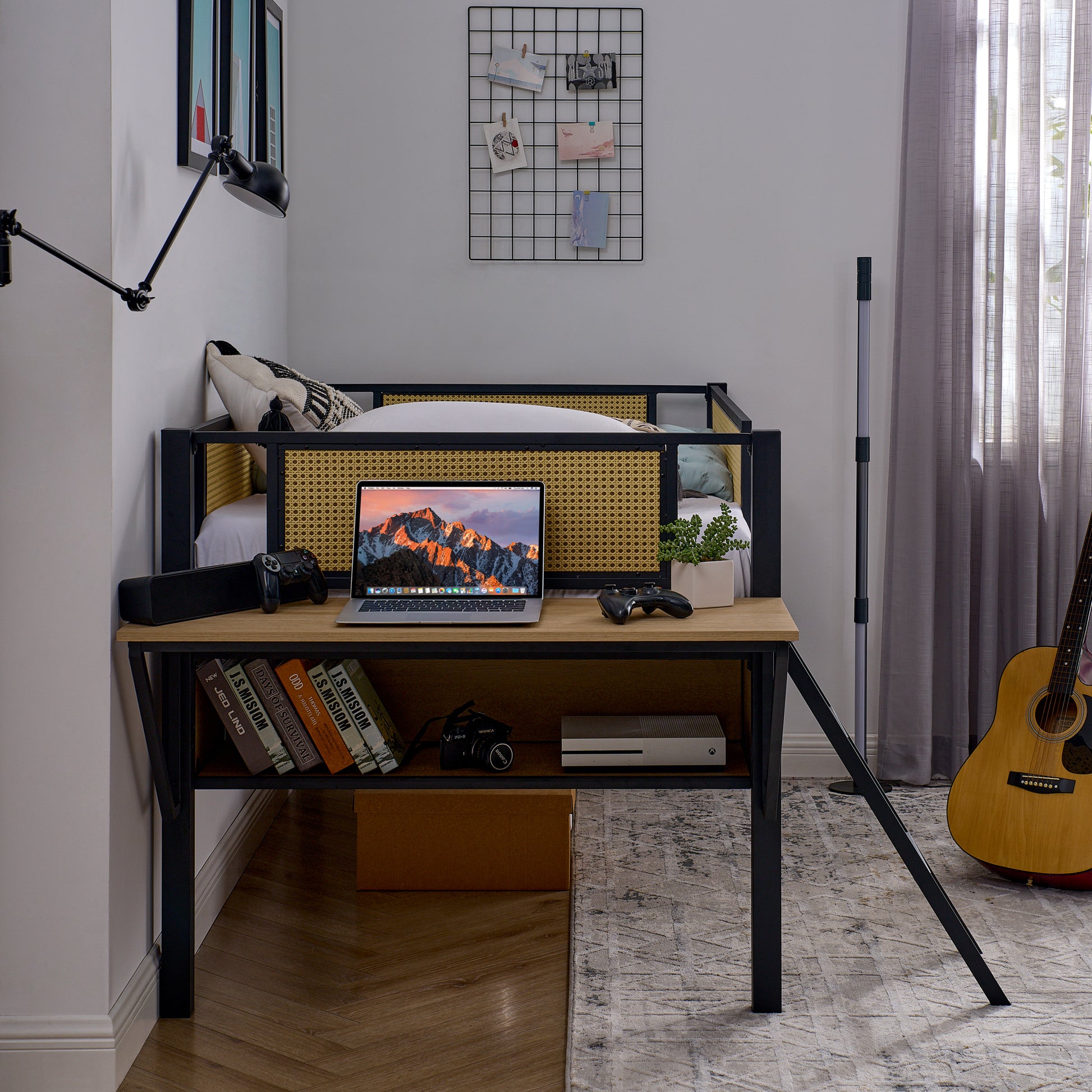 Single Metal Loft Bed With Rectangular Desk, Led Lights, Led Loft Bed Frame Double Bed With Storage Shelves And Hanging Storage Compartments, Safety Guard And Ladder, No Box Springs Required, Rattan G Twin Black Natural Mdf Iron