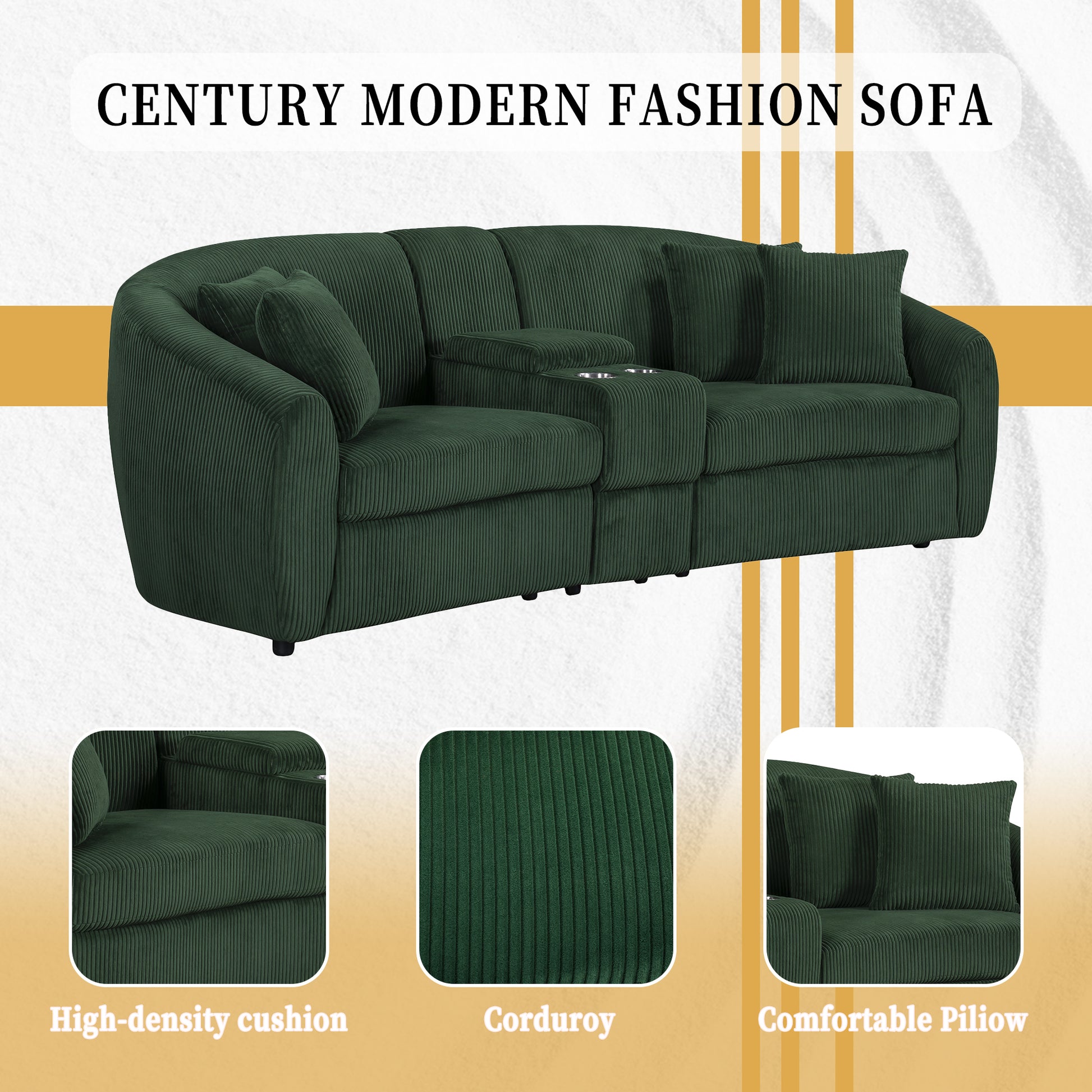 United We Win Corduroy Fabric, Two Cup Holders, Storage, Oversized Two Seat, Solid Wood Frame, High Quality Sponge Filling, Curved Placement Sofa Emerald Corduroy 2 Seat