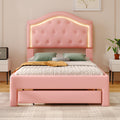 Twin Size Upholstered Platform Bed With Tufted Headboard, Led And A Drawer, Pink Box Spring Not Required Twin Pink Bedroom Faux Leather Upholstered