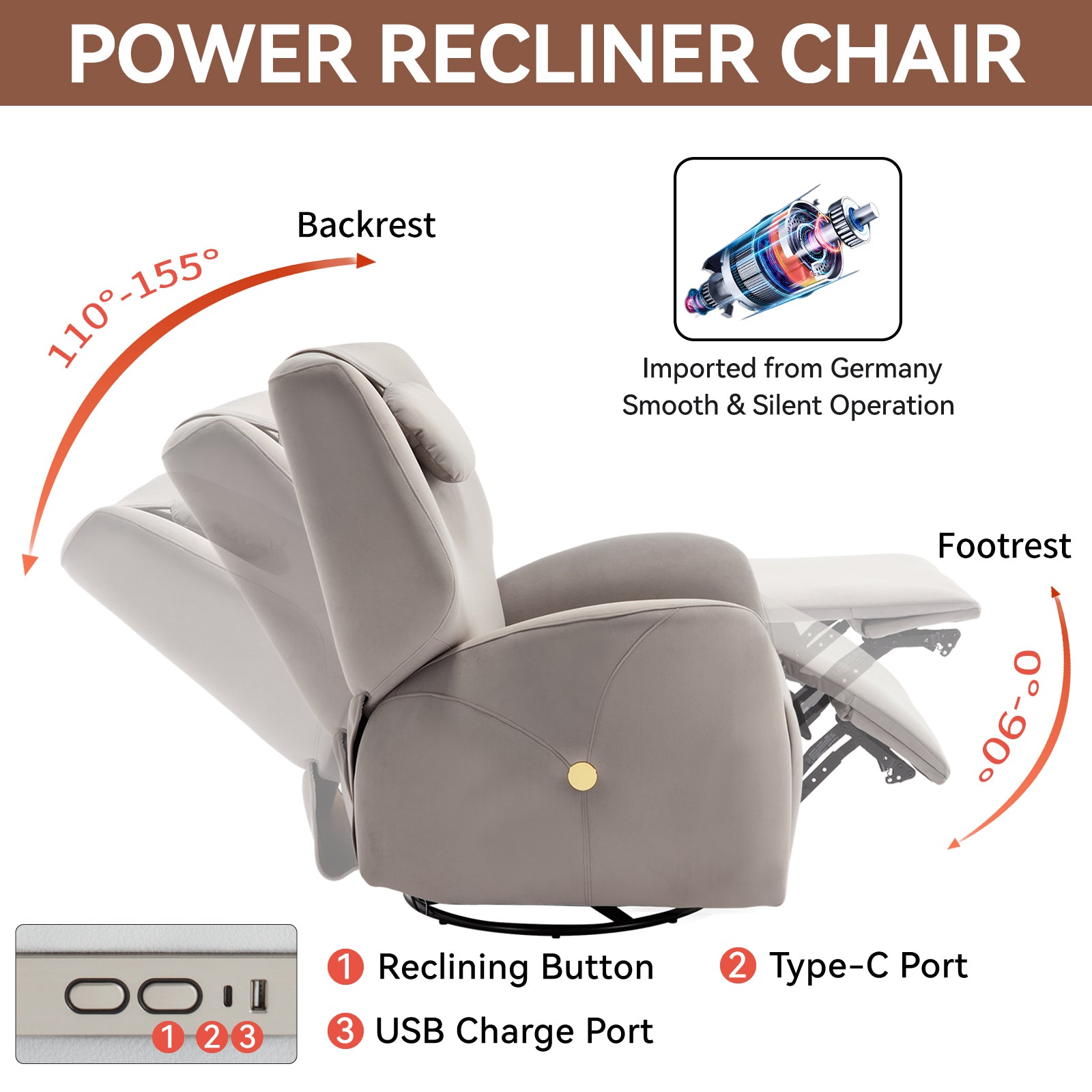 Grey Swivel And Rocker Power Recliner Chair With Lumbar And Neck Support Pillow, Max Swivel Degree 270 , Heavy Duty Motion Mechanism With Usb And Type C Ports Grey Polyester Power Push Button Metal Primary Living Space Medium Firm Tight Back Heavy Duty