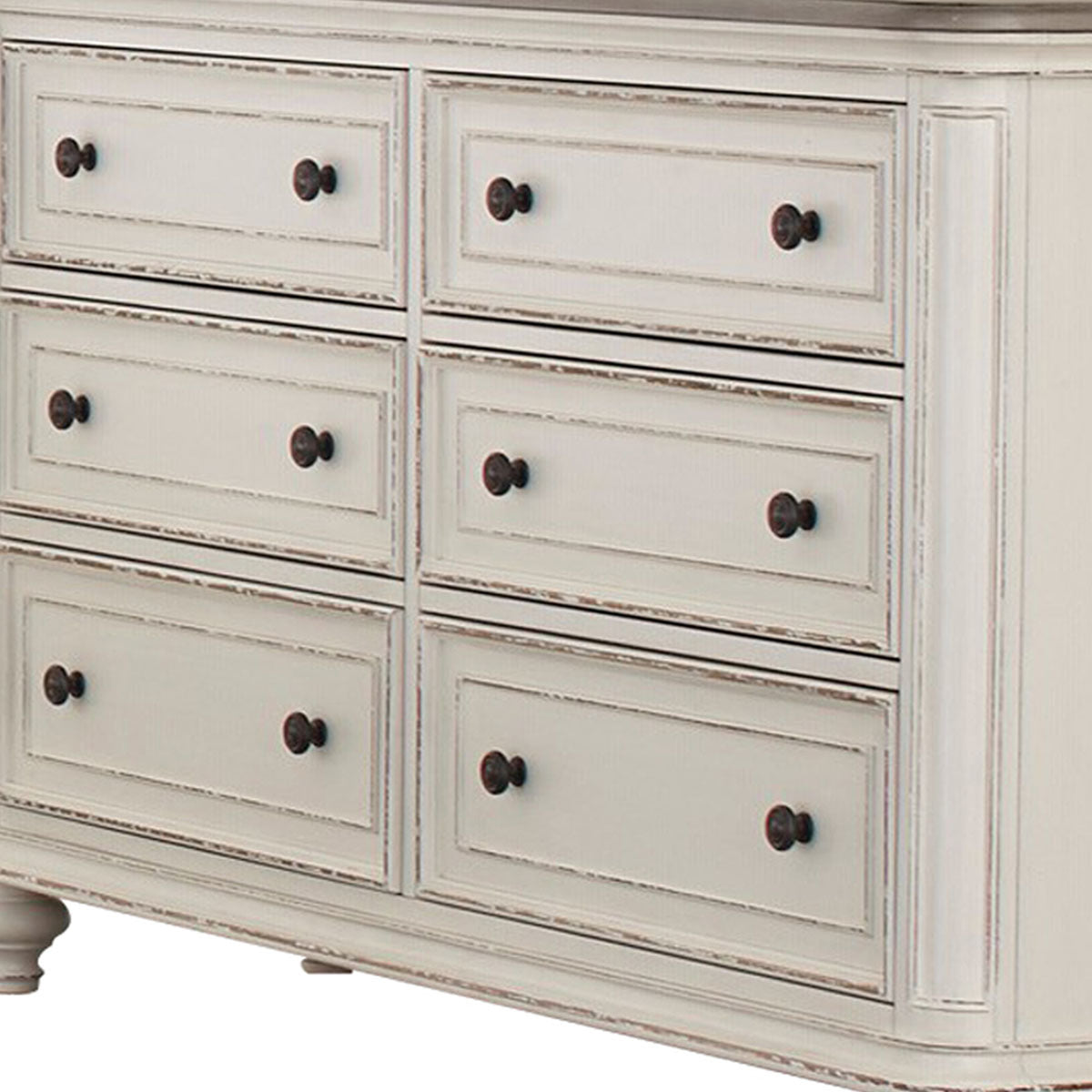 6 Drawer Wooden Dresser With Distressed Detail, Antique White And Brown Brown White Wood