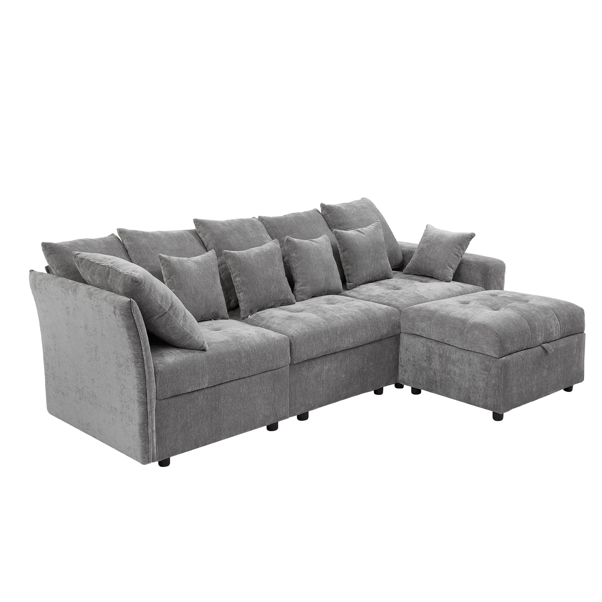 96.45"Sectional Sofa Modular Sofa Couch With Three Usb Ports, A Removable Storage Ottoman And Five Back Pillows For Living Room, Grey Grey Foam Chenille 4 Seat