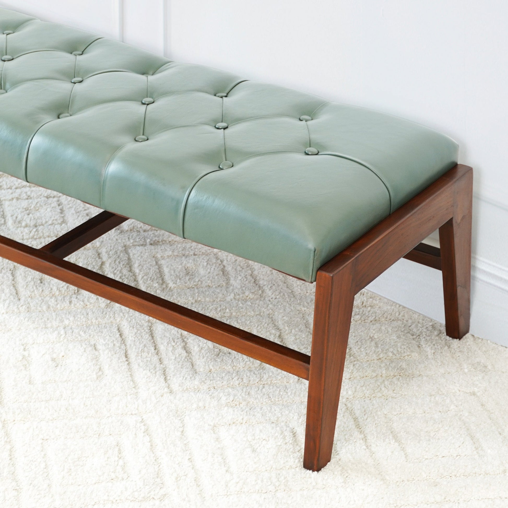 Hera Bench With Buttons Green Leather Antique Green,Light Sage Green,Wood Brown Genuine Leather Mid Century Modern Foam Genuine Leather,Solid Wood