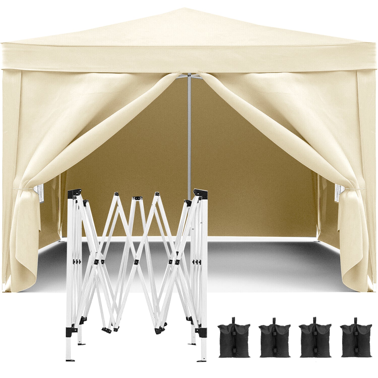 10'X10' Folding Canopy With 4 Removable Sidewalls Outdoor Event Shelter Upf 50 Gazebo Portable Tents For Parties Beach Camping Wedding Ez Pop Up Canopy 4Pcs Weight Bag Carry Bag Beige Metal