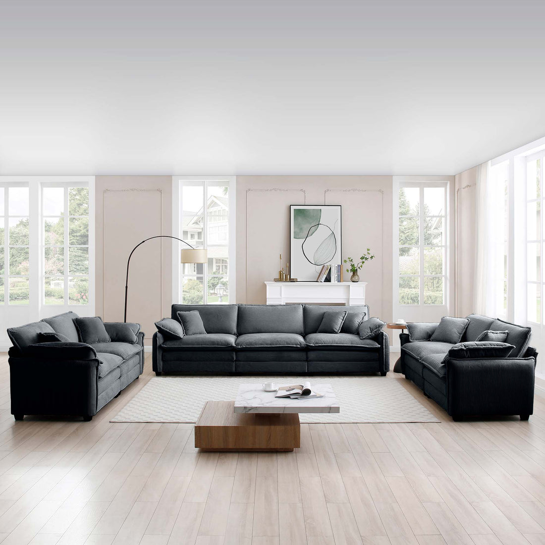 Modern Living Room Sofa 3 Pieces Set, Two 2 Seater Sofas And One 3 Seater Sofas, Upholstery Large Deep Seat Sofa With Sofat Cushion And Pillowss,Grey Corduroy Grey Corduroy 7 Seat