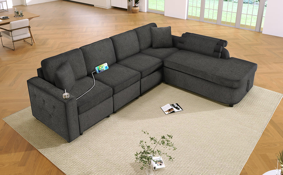 109.8"L Shaped Couch Sectional Sofa With Storage Chaise,Cup Holder And Usb Ports For Living Room, Black Black Foam Chenille 4 Seat