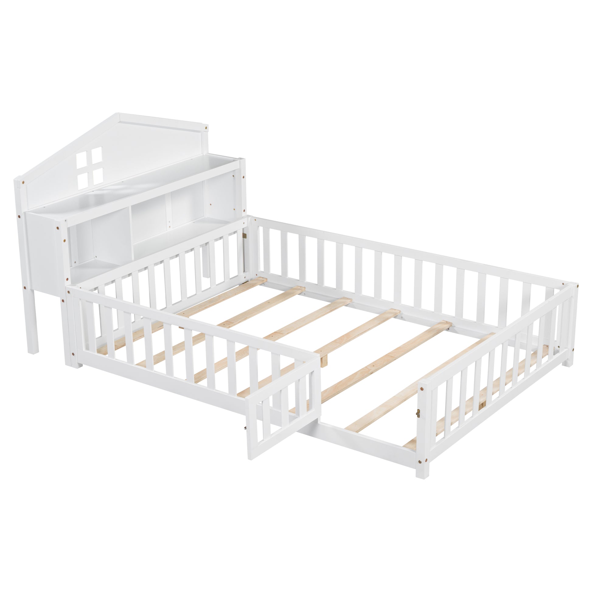 Full Size Floor Beds With Bookcases And Blackboards, Versatile Platform Beds With Guard Rails, Solid Wood Floor Beds With Storage Headboards, Floor Beds For Kids And Teens White Full White Plywood