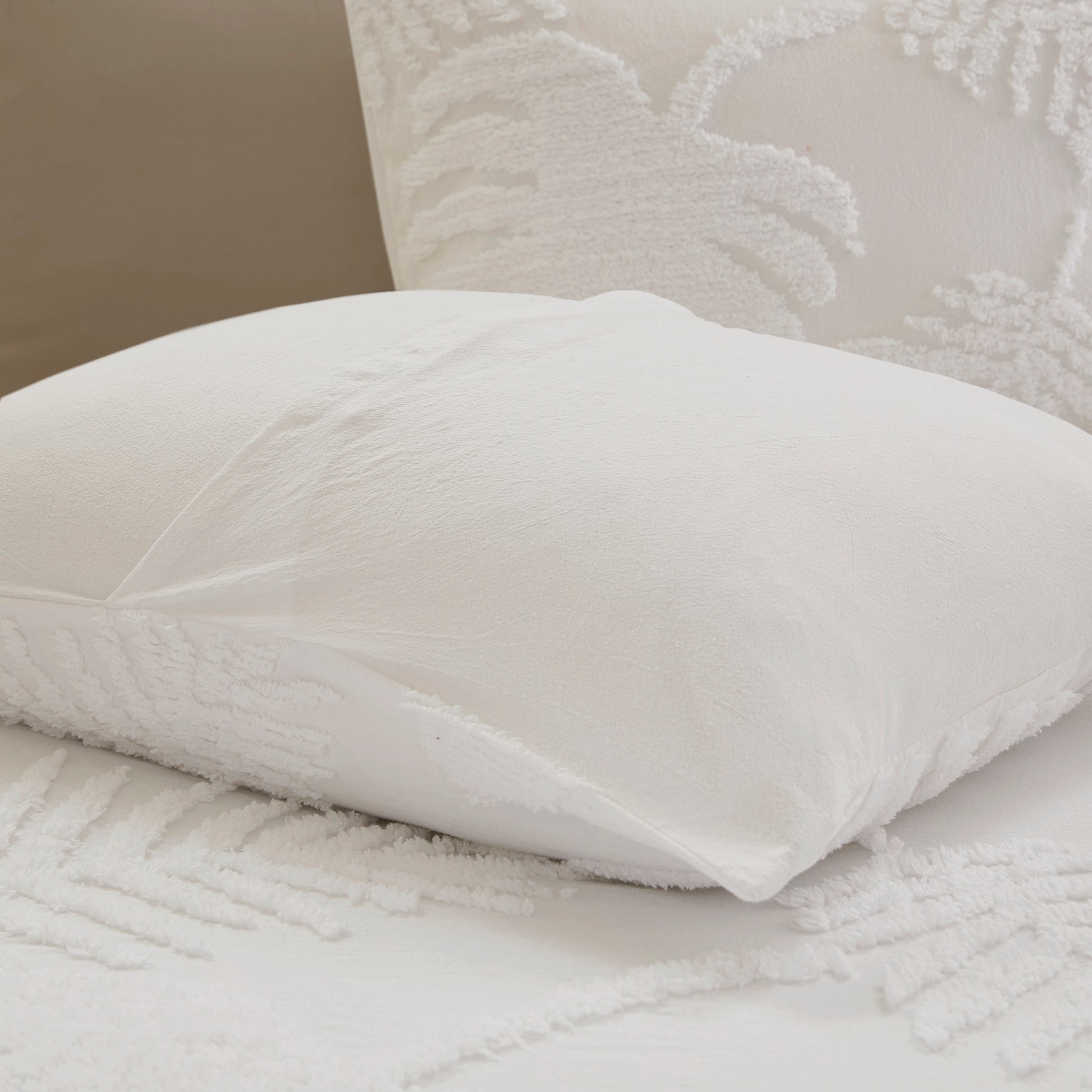 3 Piece Tufted Cotton Chenille Palm Duvet Cover Set King White Cotton