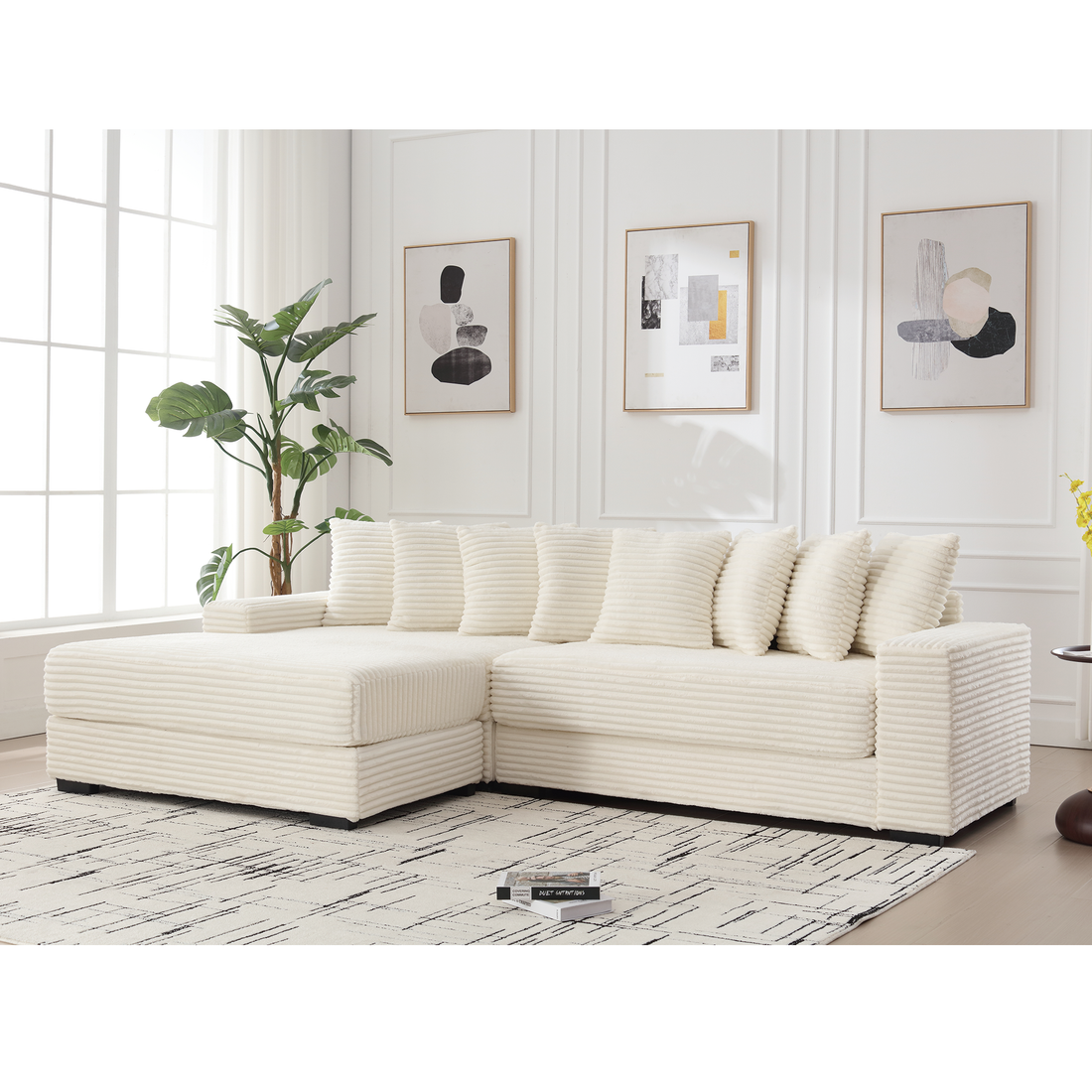 Arrived Oversized Two Piece Couches, L Shaped Sofa, Corduroy, Left Chaise Daybed,With Armrests,Eight Throw Pillows,Corner Sofa,Easy To Assemble, Beige Beige Polyester Wood Primary Living Space Pillow Back Medium Soft Modern Square Arms Wood 3 Seat