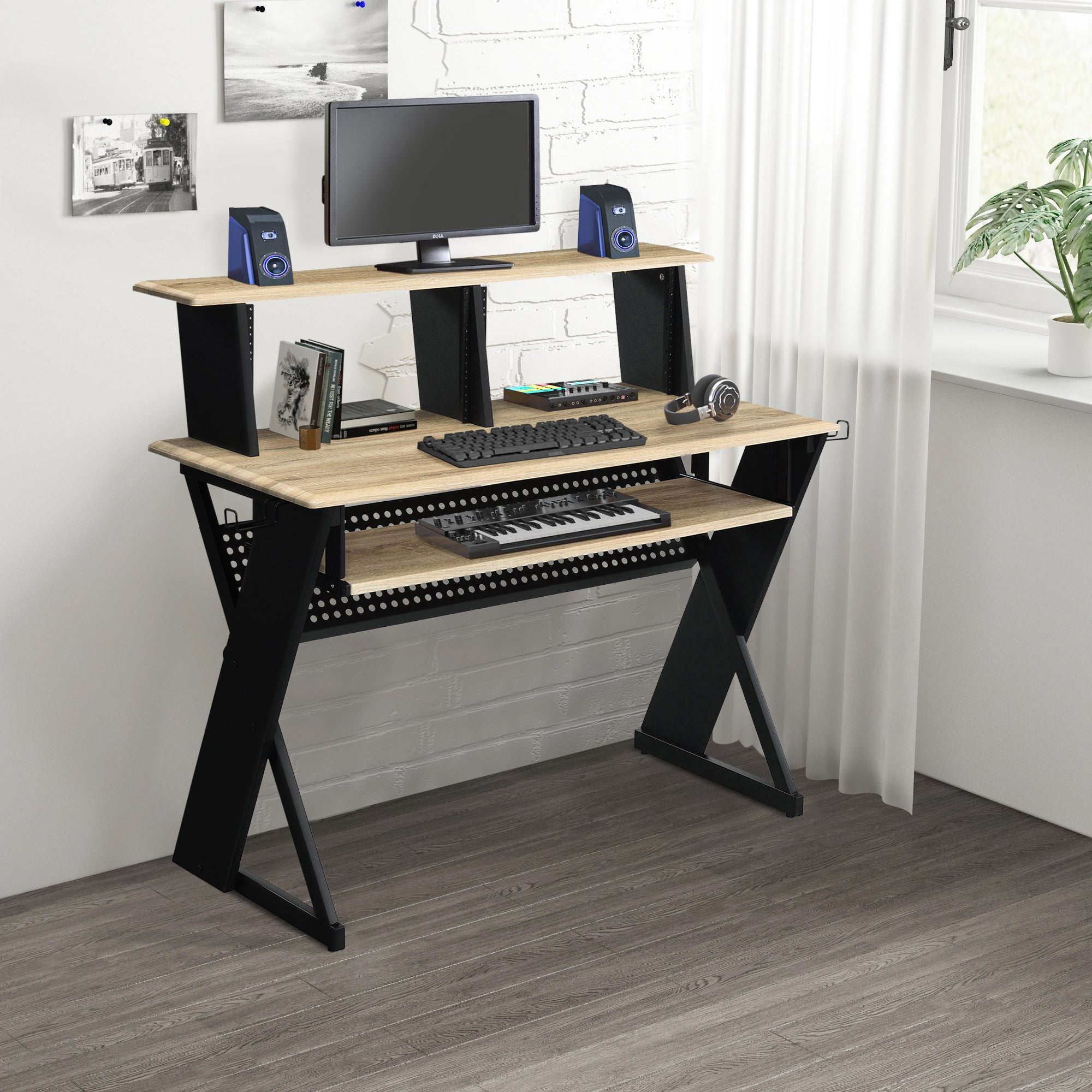 Natural And Black Music Desk With Cord Managements Natural Black Computer Desk Office Rectangular Shelves Desk Wood Metal Sled