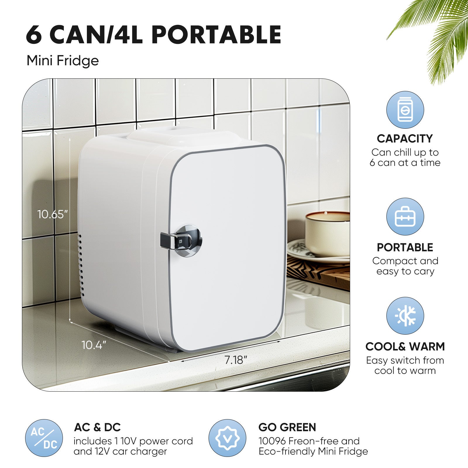 Mini Fridge, Portable Small Refrigerator 4L 6 Can Cooler & Warmer Compact Fridge For Skincare, Food And Drinks, Small Fridge For Bedroom, Dorm, Car, Office, White White Abs