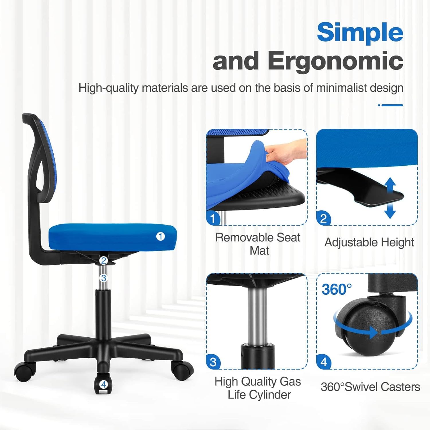 Low Back Mesh Armless Office Chair,Swivel Rolling Computer Chair No Arms With Lumbar Support, Blue Blue Metal