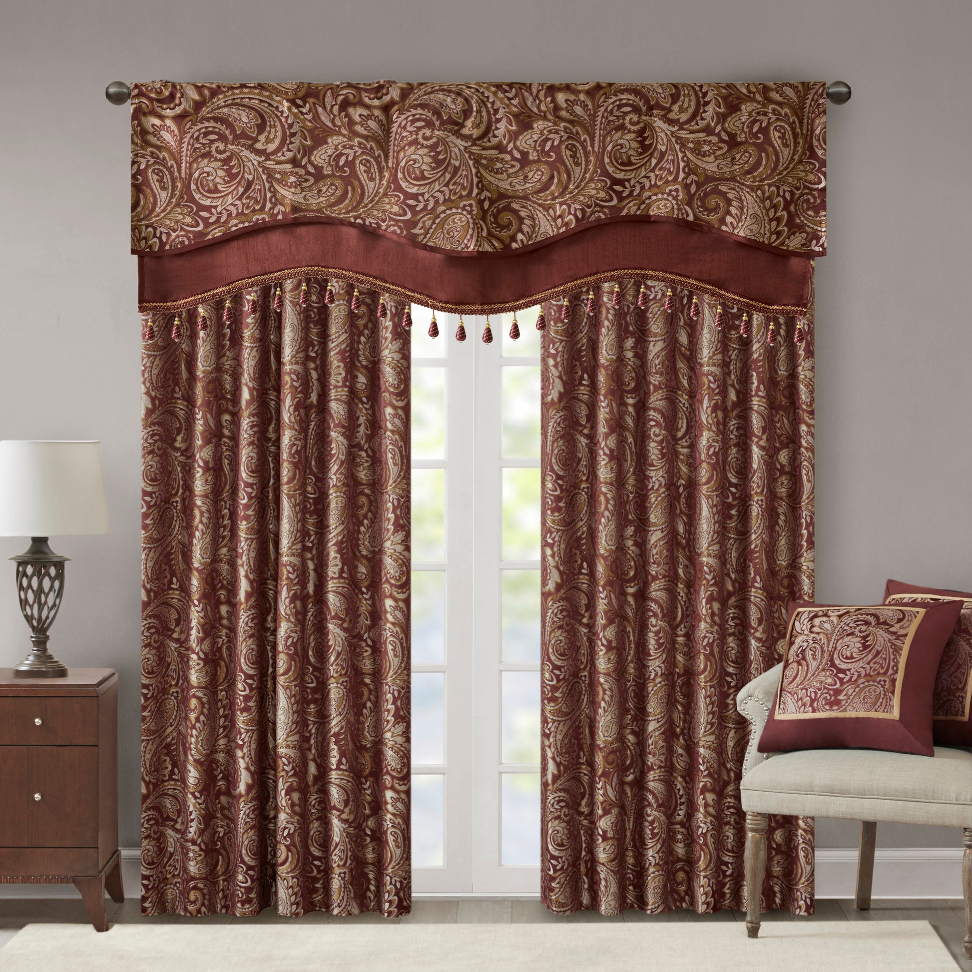 Jacquard Window Rod Pocket Valance With Beads Burdy 50X18" Burgundy Polyester