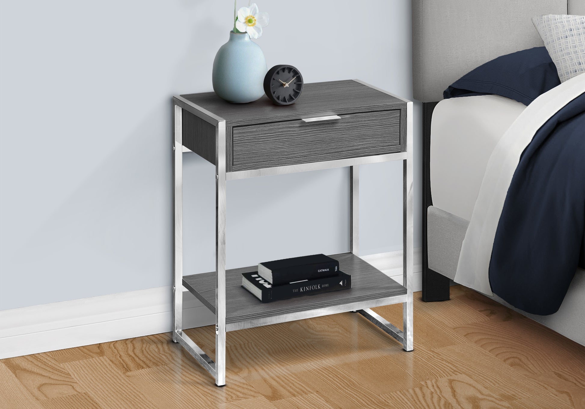 Accent Table, Side, End, Nightstand, Lamp, Storage Drawer, Living Room, Bedroom, Grey Laminate, Chrome Metal, Contemporary, Modern Grey Particle Board