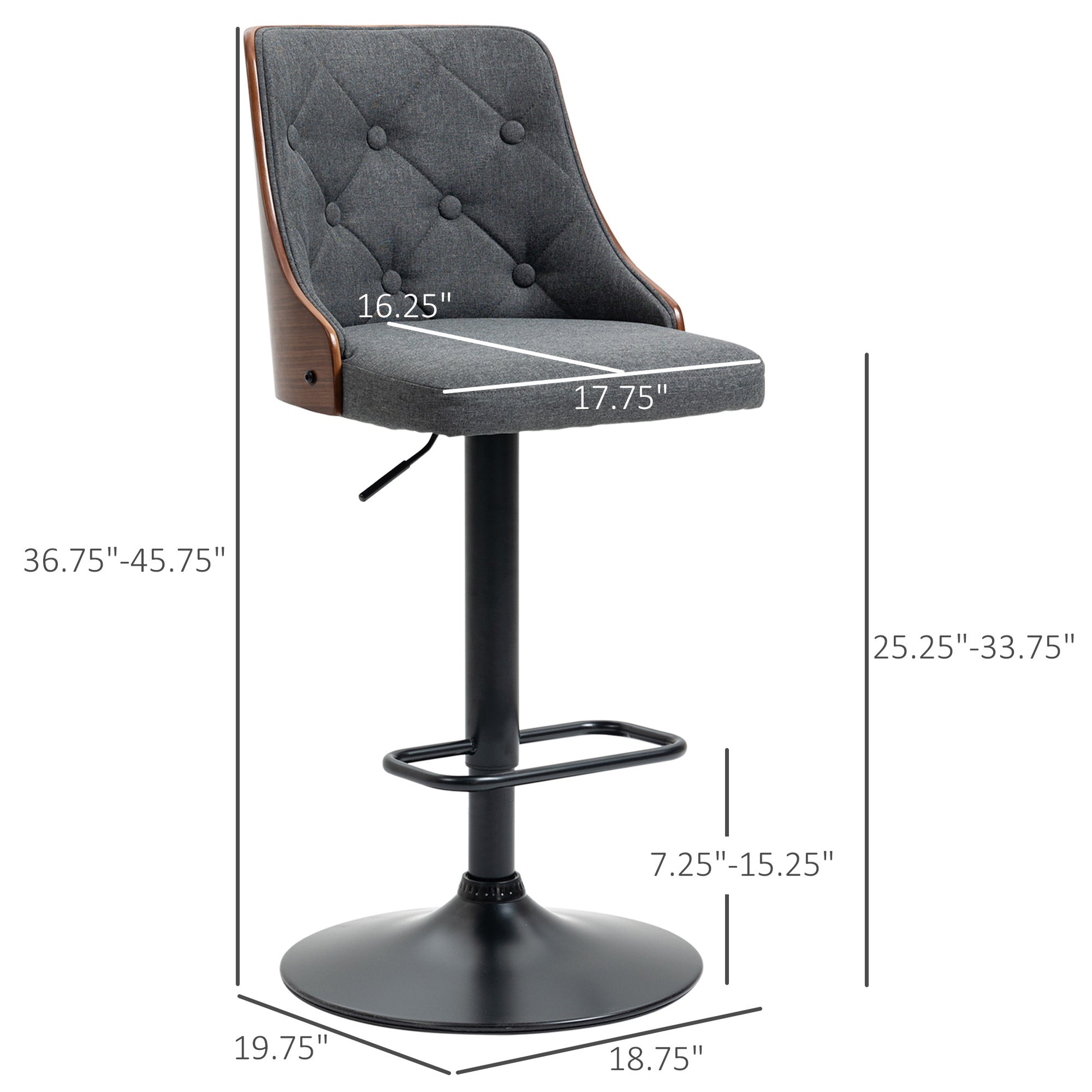 Homcom Counter Height Bar Stools Set Of 2, Height Adjustable Swivel Barstools With Footrest And Tufted Back, Linen Fabric Bar Chairs, Dark Grey Dark Grey Wood