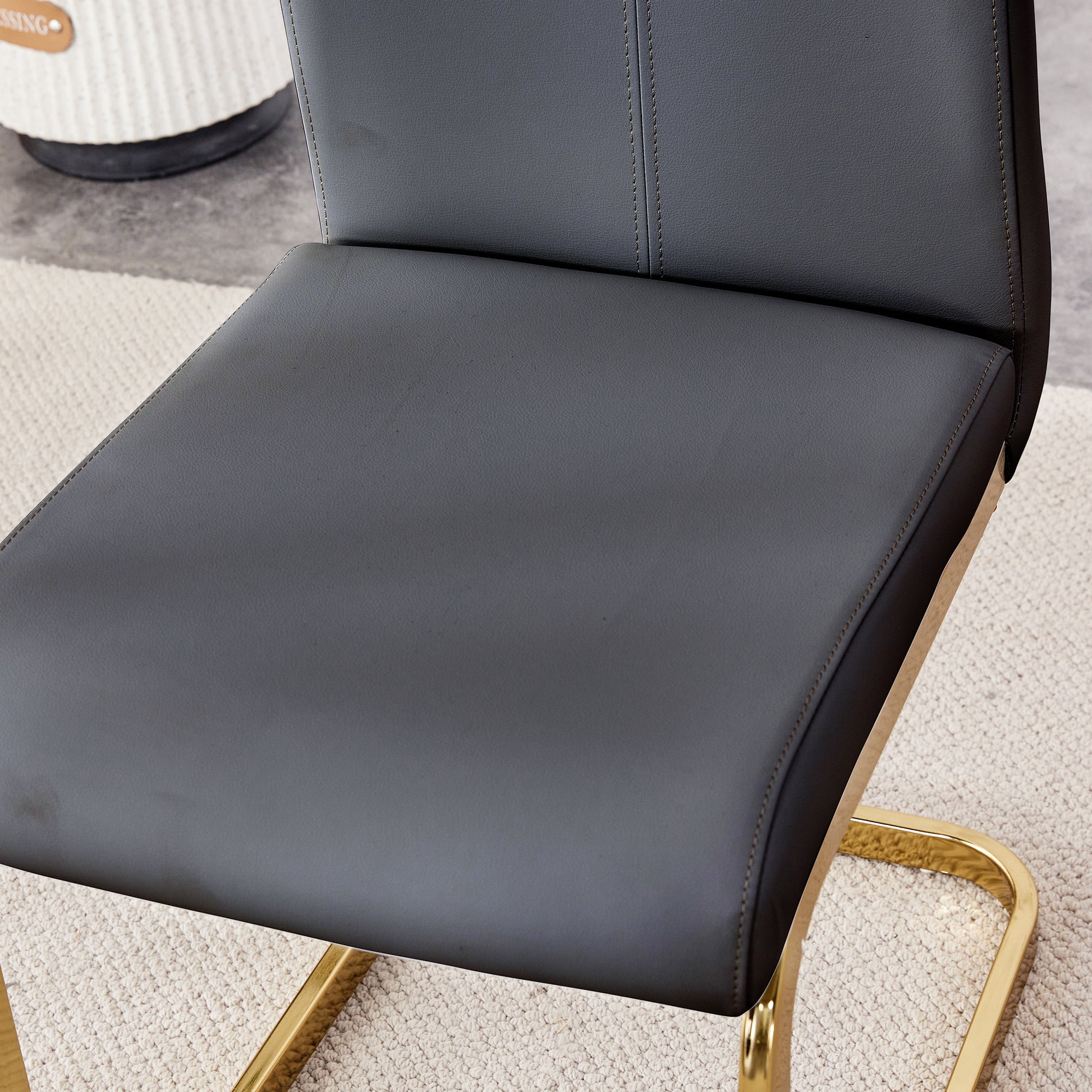Table And Chair Set.Large Modern Rectangular Table With 0.4 Inch Patterned Glass Tabletop And Large Mdf Table Legs.Comes With 6 Chairs With Faux Leather Cushioned Seats And Golden Metal Legs. Gold White Seats 6 Mdf Glass