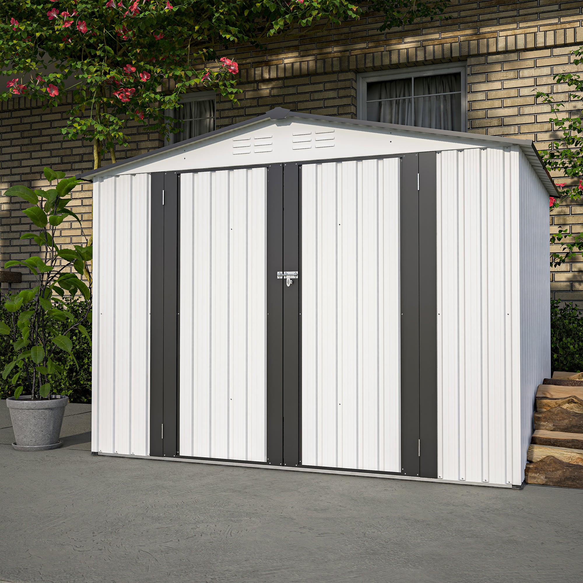 8 X 6 Ft Outdoor Storage Shed, All Weather Metal Sheds With 2 Lockable Doors, Tool Shed For Garden, Backyard, Lawn,White White Metal