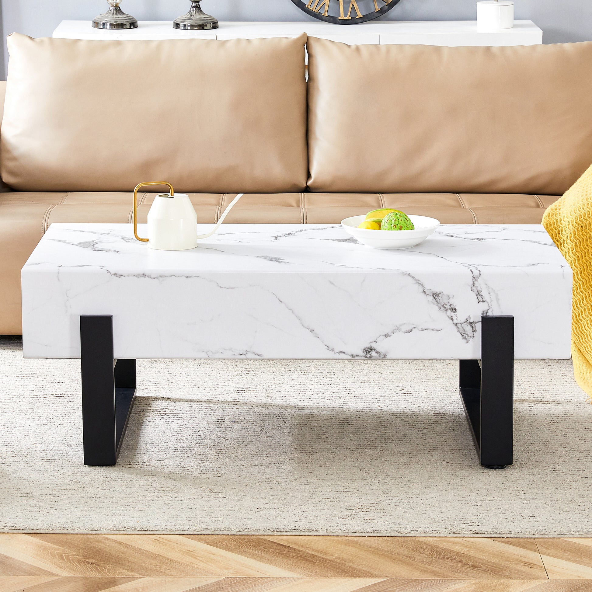 47.2"X23.6" Black And White Minimalist Mdf Marble Patterned Coffee Table.White Marble Pattern Sticker,Black Metal Leg Spray Coating,Mdf Coffee Table.Showcasing A Modern And Simple Style. White Black