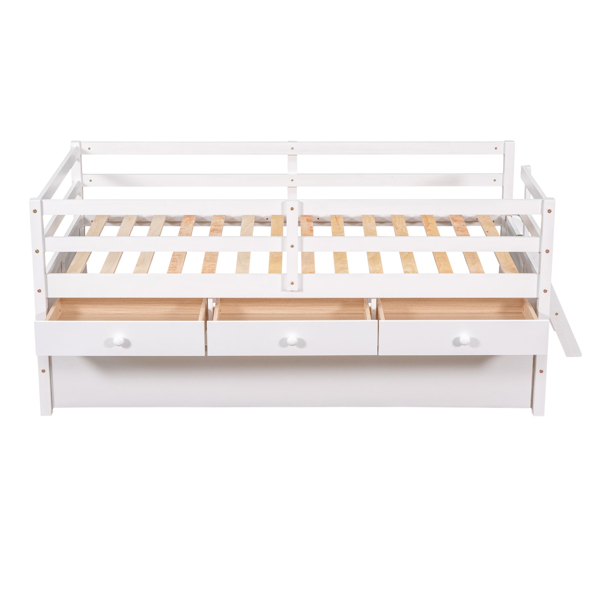 Low Loft Bed Twin Size With Full Safety Fence, Climbing Ladder, Storage Drawers And Trundle White Solid Wood Bed White Solid Wood