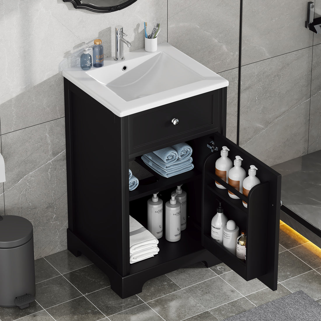 20" Bathroom Vanity With Sink, Bathroom Cabinet With Soft Closing Door, Storage Rack And Adjustable Shelve, Black Black Mdf