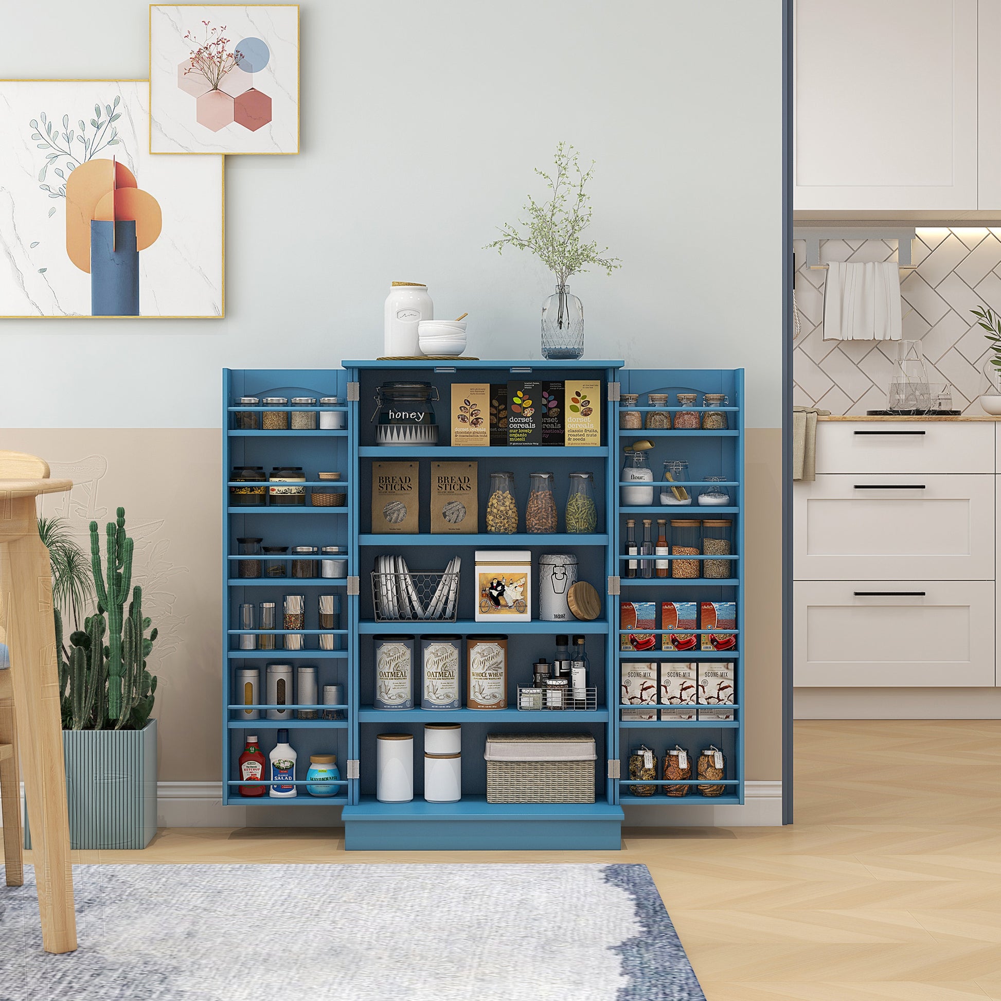 Homcom 41" Kitchen Pantry Storage Cabinet, Freestanding Kitchen Cabinet With 12 Door Shelves, Double Doors, 5 Tier Shelving And Adjustable Shelves, Blue Blue Mdf