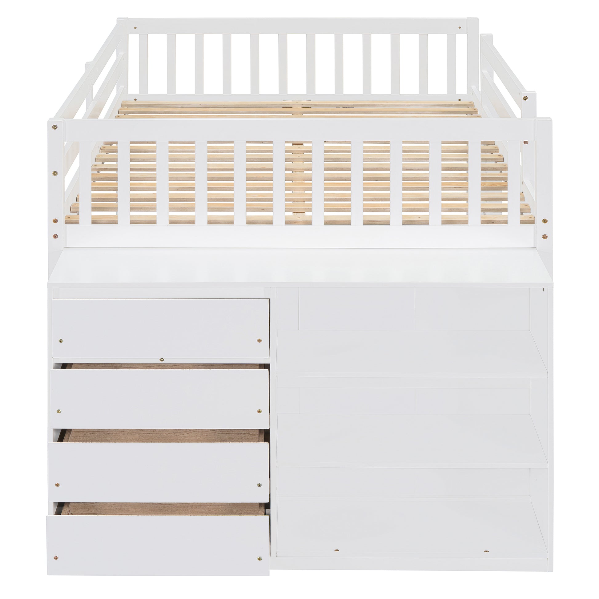 Full Over Full Bunk Bed With 4 Drawers And 3 Shelves White Full White Solid Wood