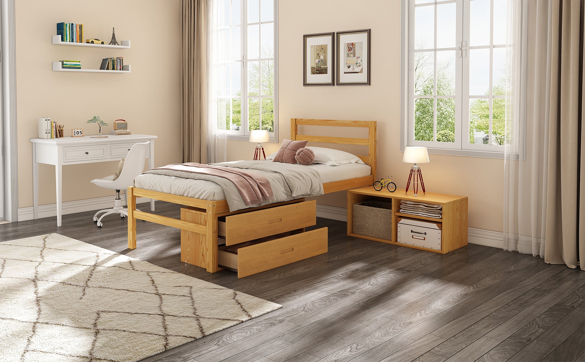 Twin Size Wood Platform Bed With Removable Storage Shelves, Built In Two Storage Drawers For Added Convenience, Natural Twin Natural Wood