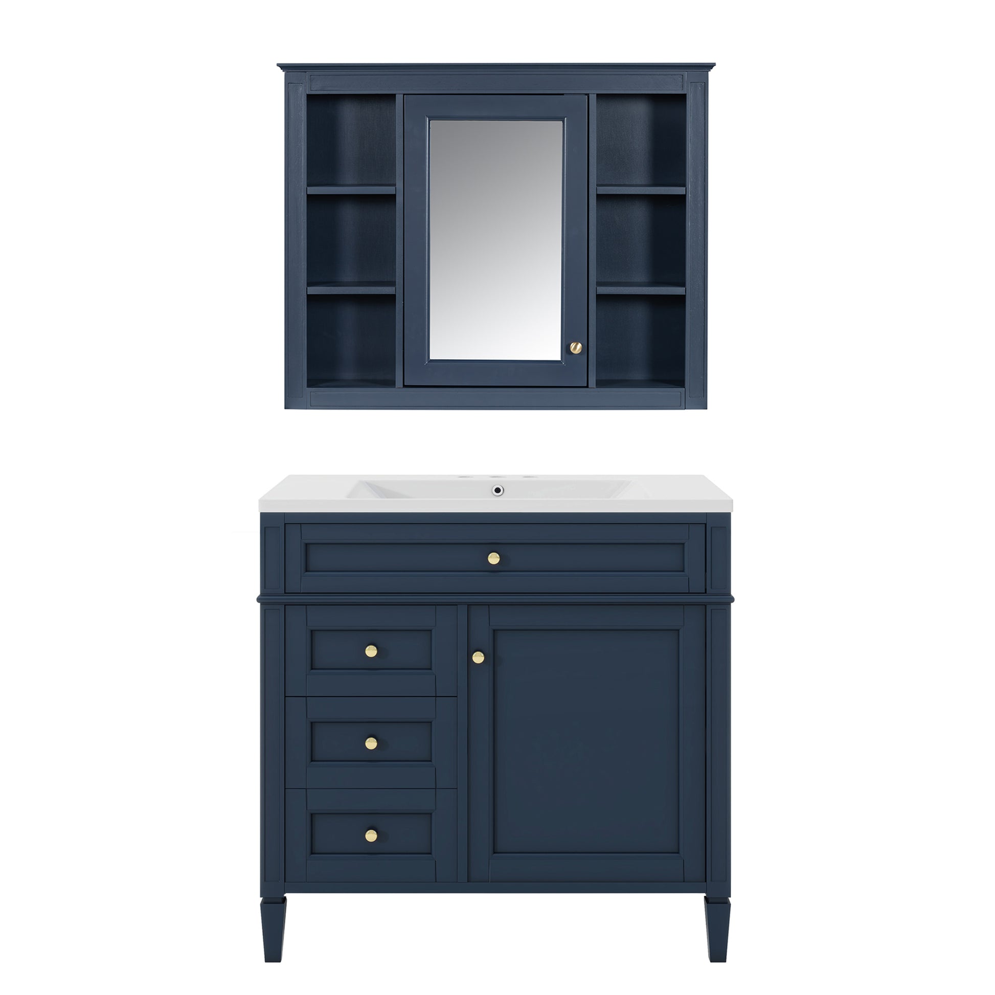 36'' Bathroom Vanity With Medicine Cabinet, Royal Blue Mirror Cabinet, Modern Bathroom Storage Cabinet With 2 Soft Closing Doors And 4 Drawers, Single Sink Bathroom Vanity 4 Blue 2 5 Bathroom Wall Mounted Solid Wood Mdf Resin Painted