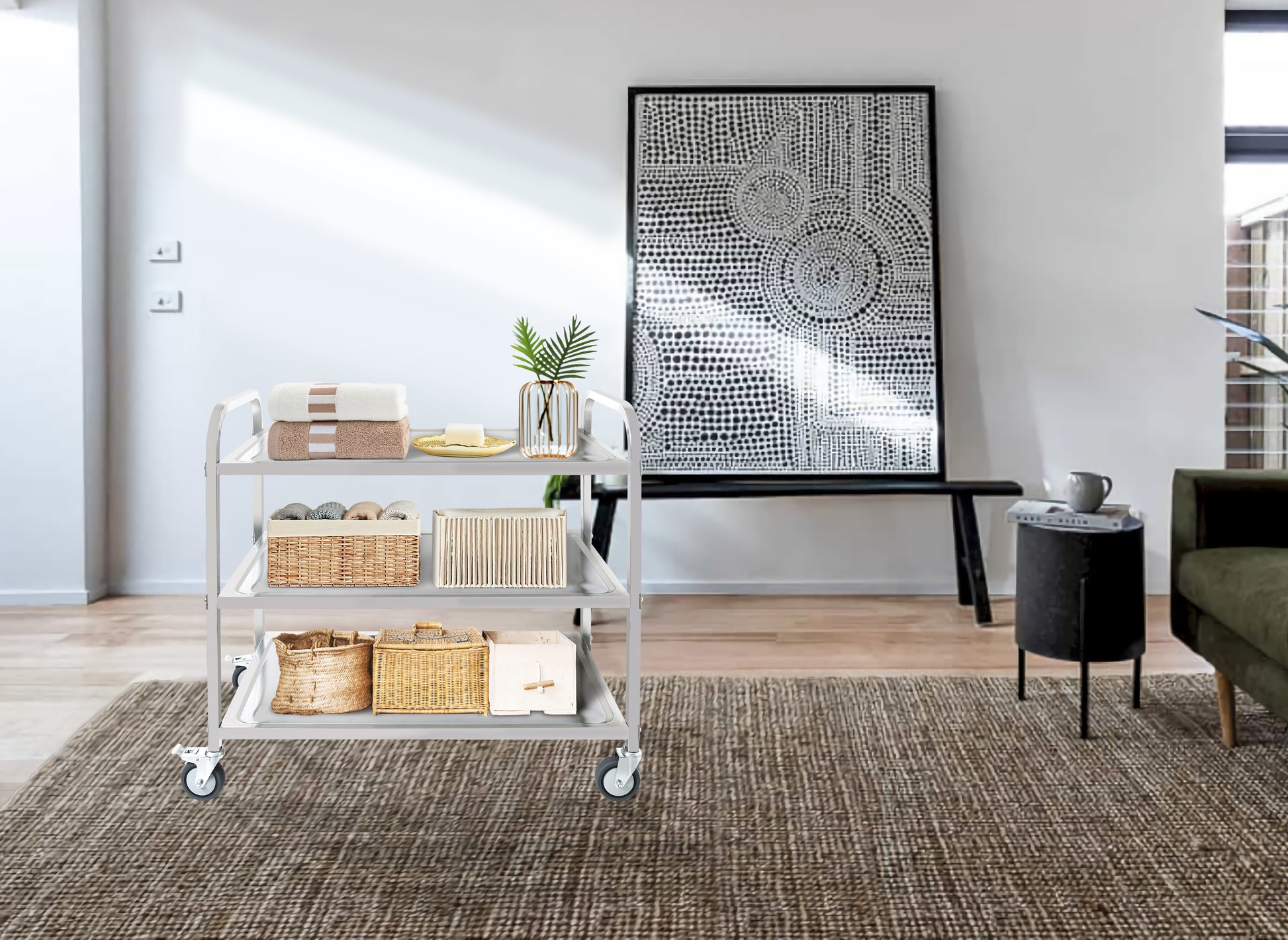 3 Tier Stainless Steel Cart, Serving Cart With Wheels, Restaurant, Household, Service Trolley, 360 Rotation Storage Cart With Locking Wheels 37.4 * 19.2 * 36.6'' L*W*H Rolling Kitchen Food Cart White Silver Stainless Steel