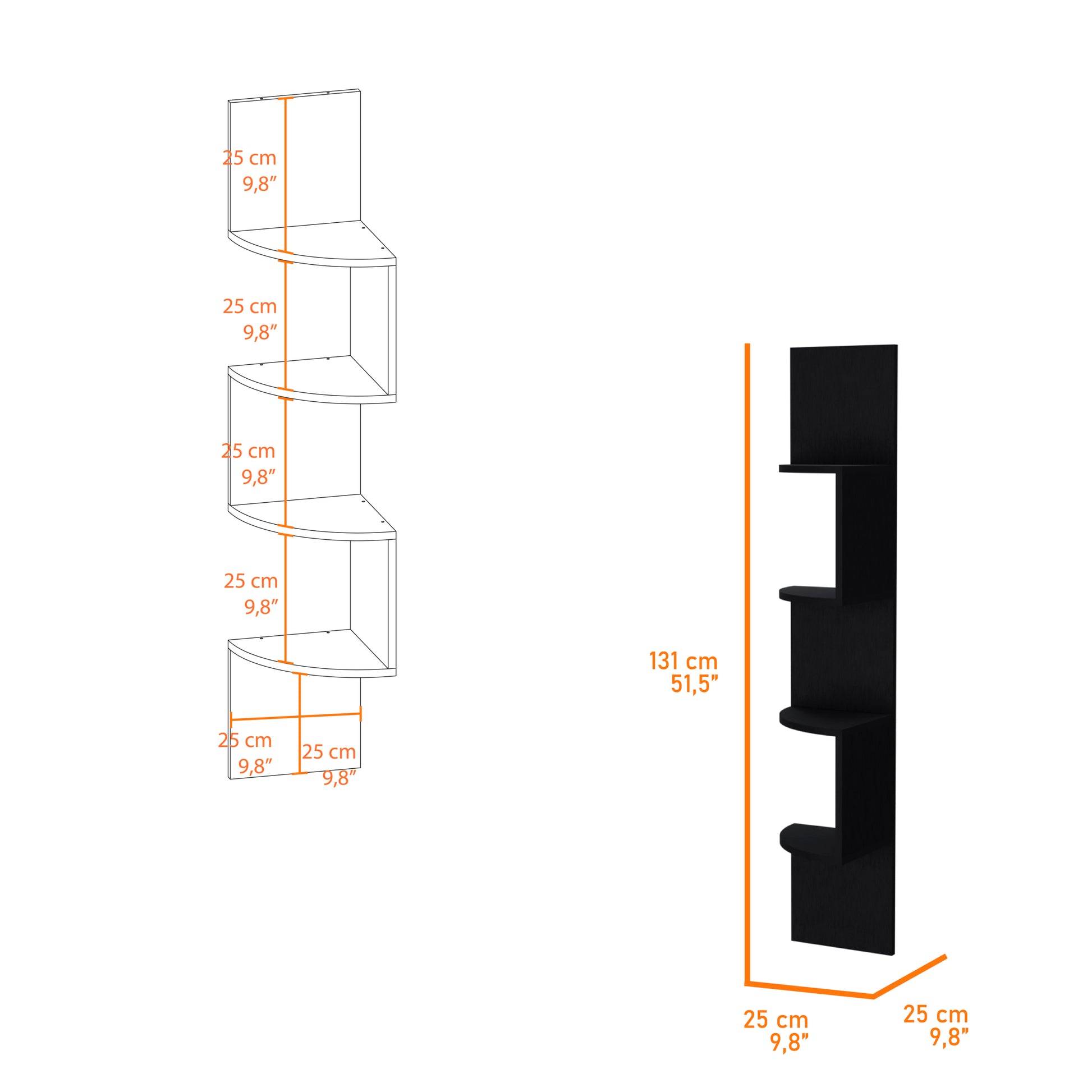 Rosebud Corner Floating Shelf: Modern Full Wall 4 Shelf Unit 4 Black Corner Vertical Primary Living Space Open Back Wood Contemporary,Modern Pine Particle Board Particle Board