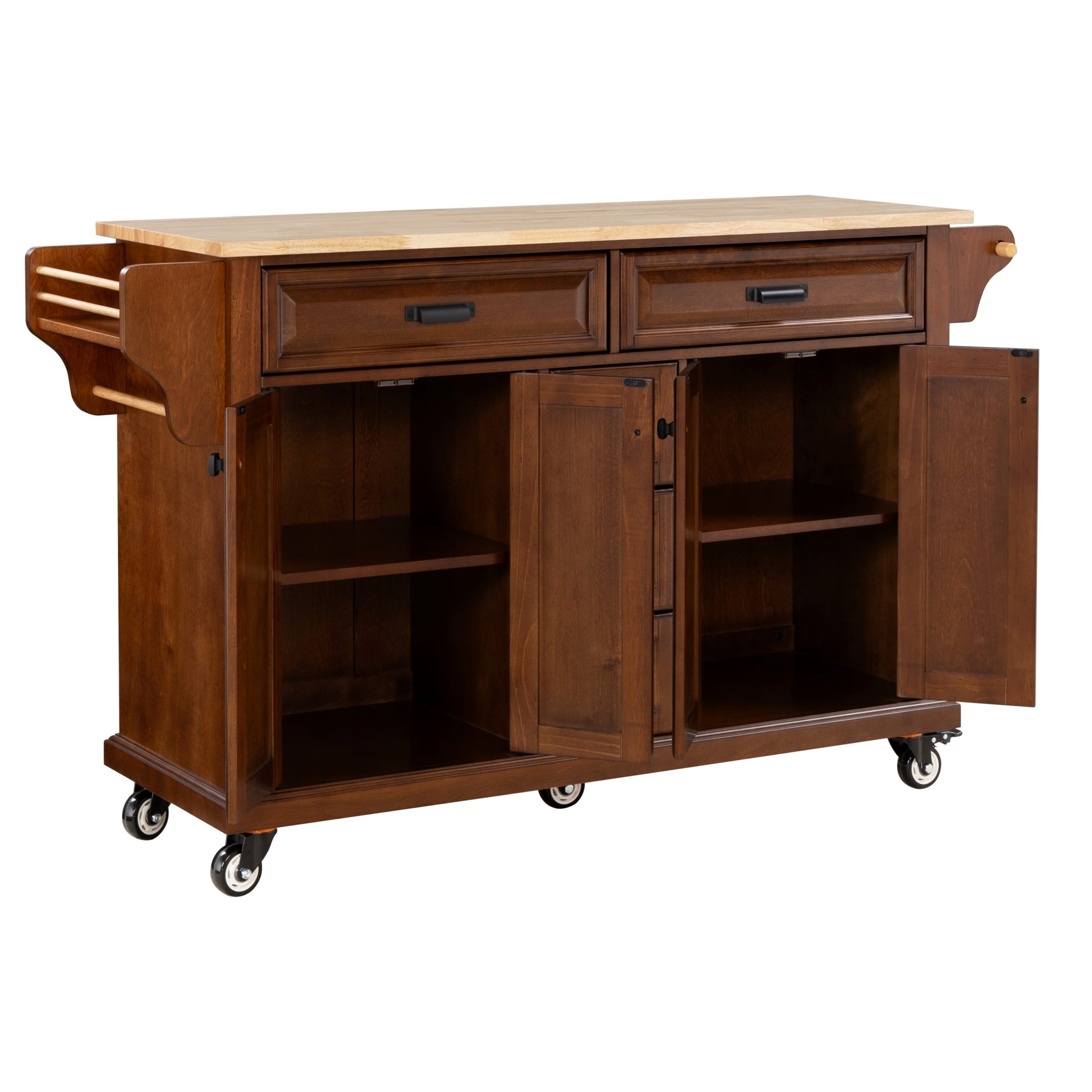 Kitchen Island With Rubber Wood Countertop, Kitchen Cart On 5 Wheels With Storage Cabinet And 5 Drawers For Dinning Room, Mahogany Mahogany Dining Room Rectangular Rubberwood Solid Wood Mdf Large 56 In