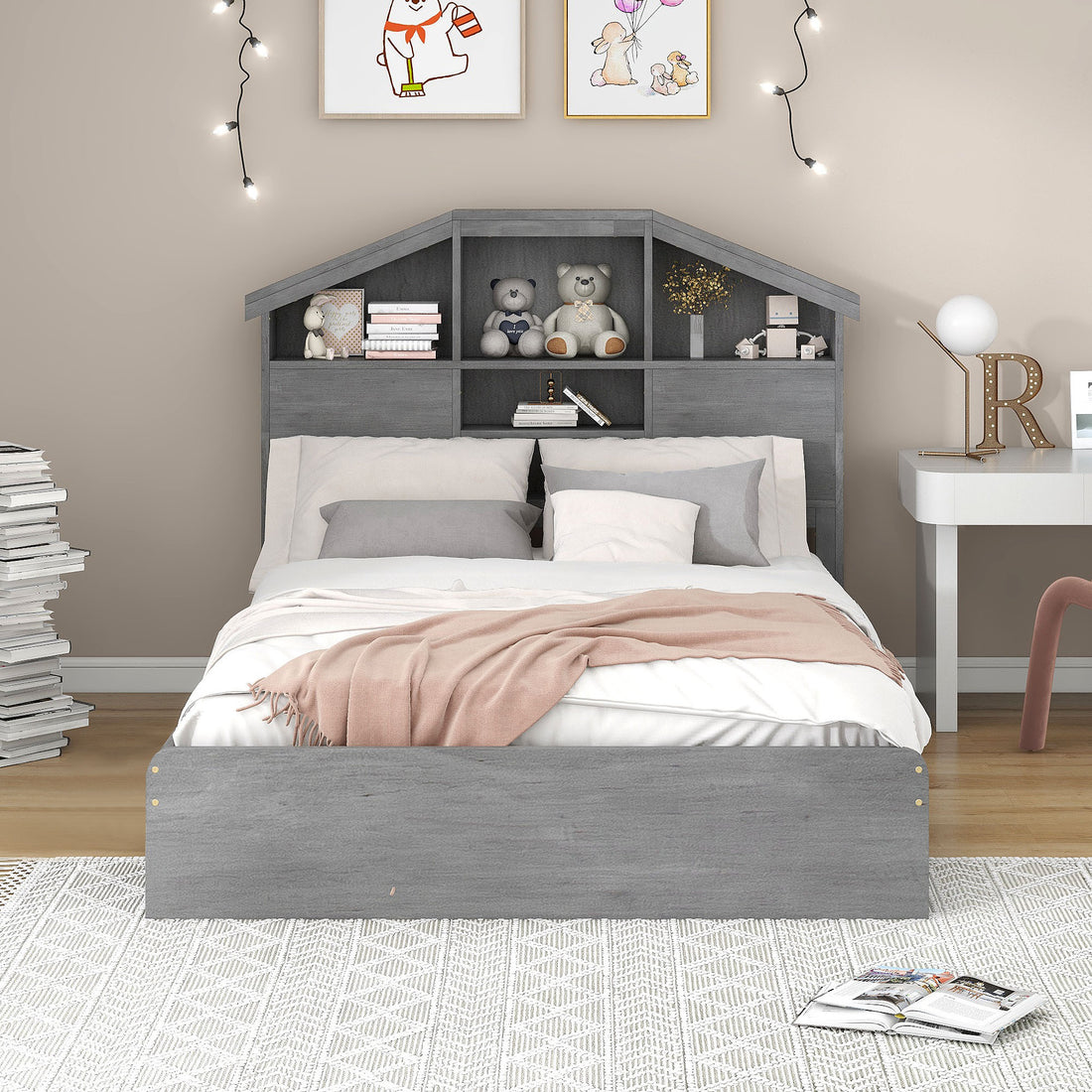 Full Size Wood Platform Bed With House Shaped Storage Headboard And 2 Drawers, Gray Box Spring Not Required Full Gray Wood Bedroom Solid Wood Mdf