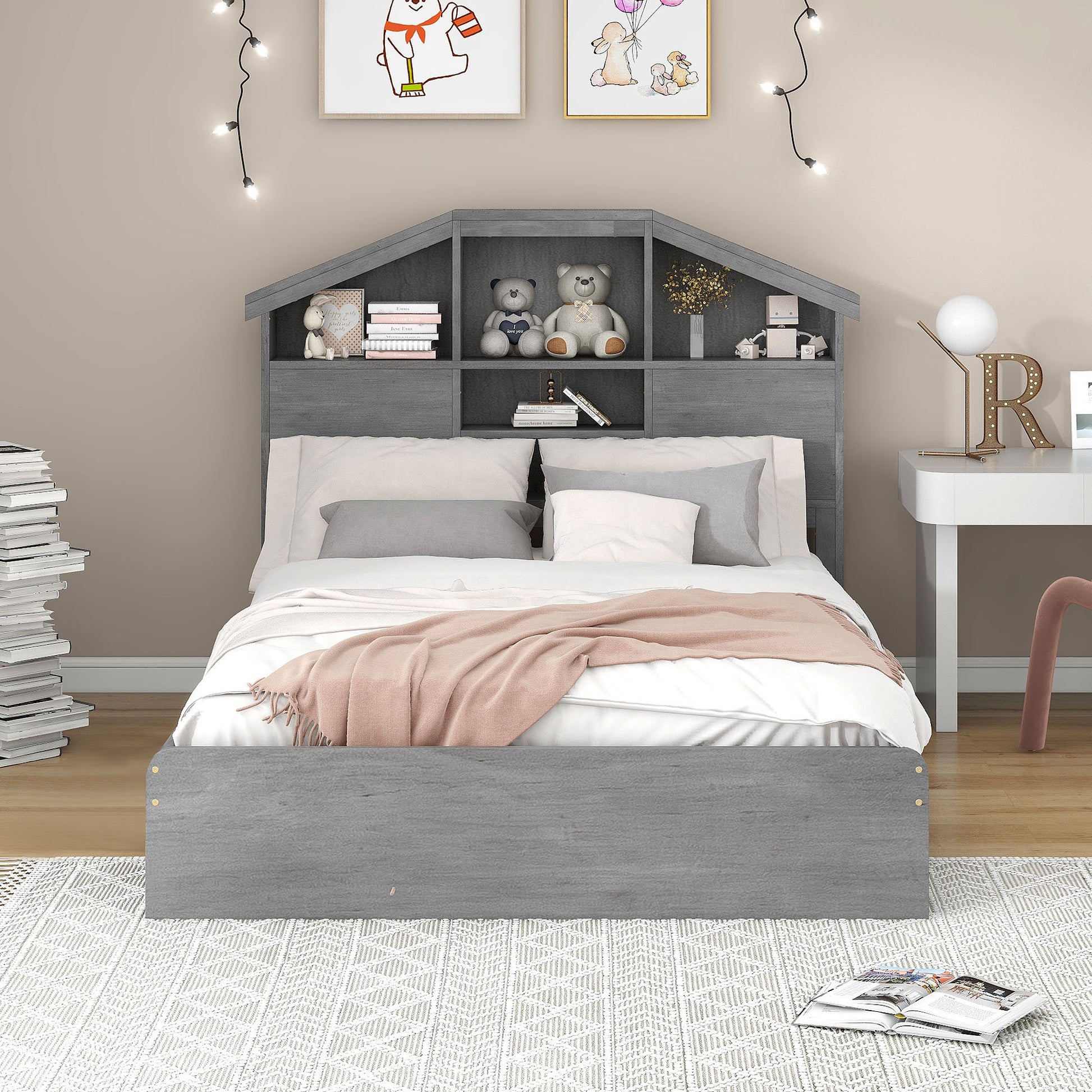 Full Size Wood Platform Bed With House Shaped Storage Headboard And 2 Drawers, Gray Box Spring Not Required Full Gray Wood Bedroom Solid Wood Mdf