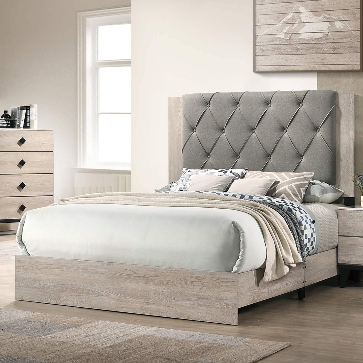 Contemporary 1Pc Cream Finish Queen Size Bed Bedroom Furniture Gray Tufted Design Headboard Rubberwood 1Pc Bedframe Box Spring Required Queen Cream Grey Wood Bedroom