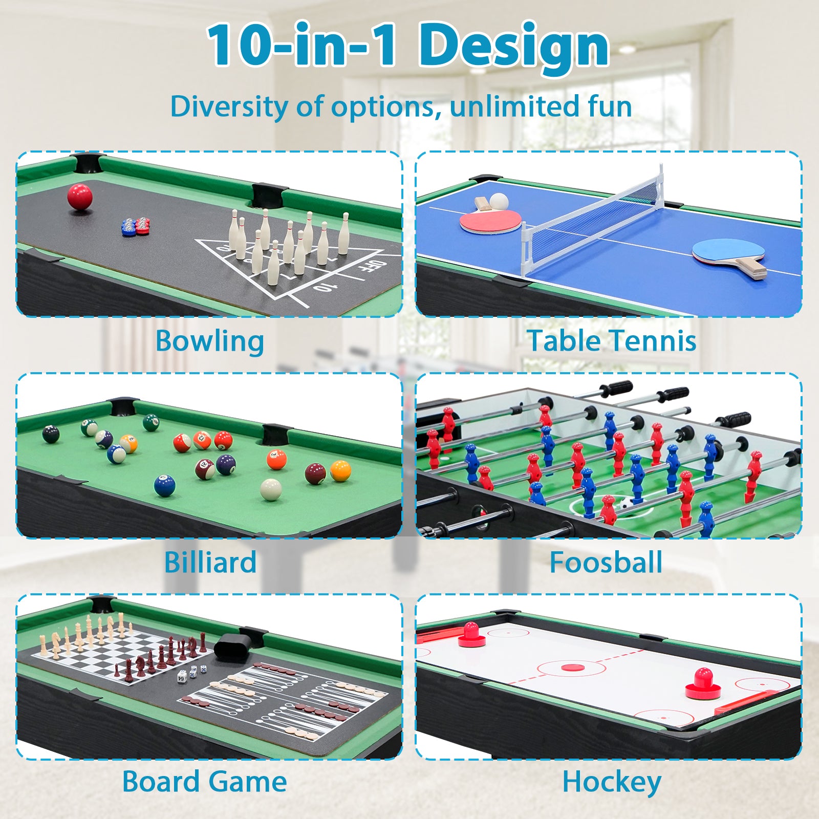 2X4Ft 10 In 1 Combo Game Table Set W Hockey, Foosball, Pool, Shuffleboard, Ping Pong Indoor Fitness Black Gym Mdf