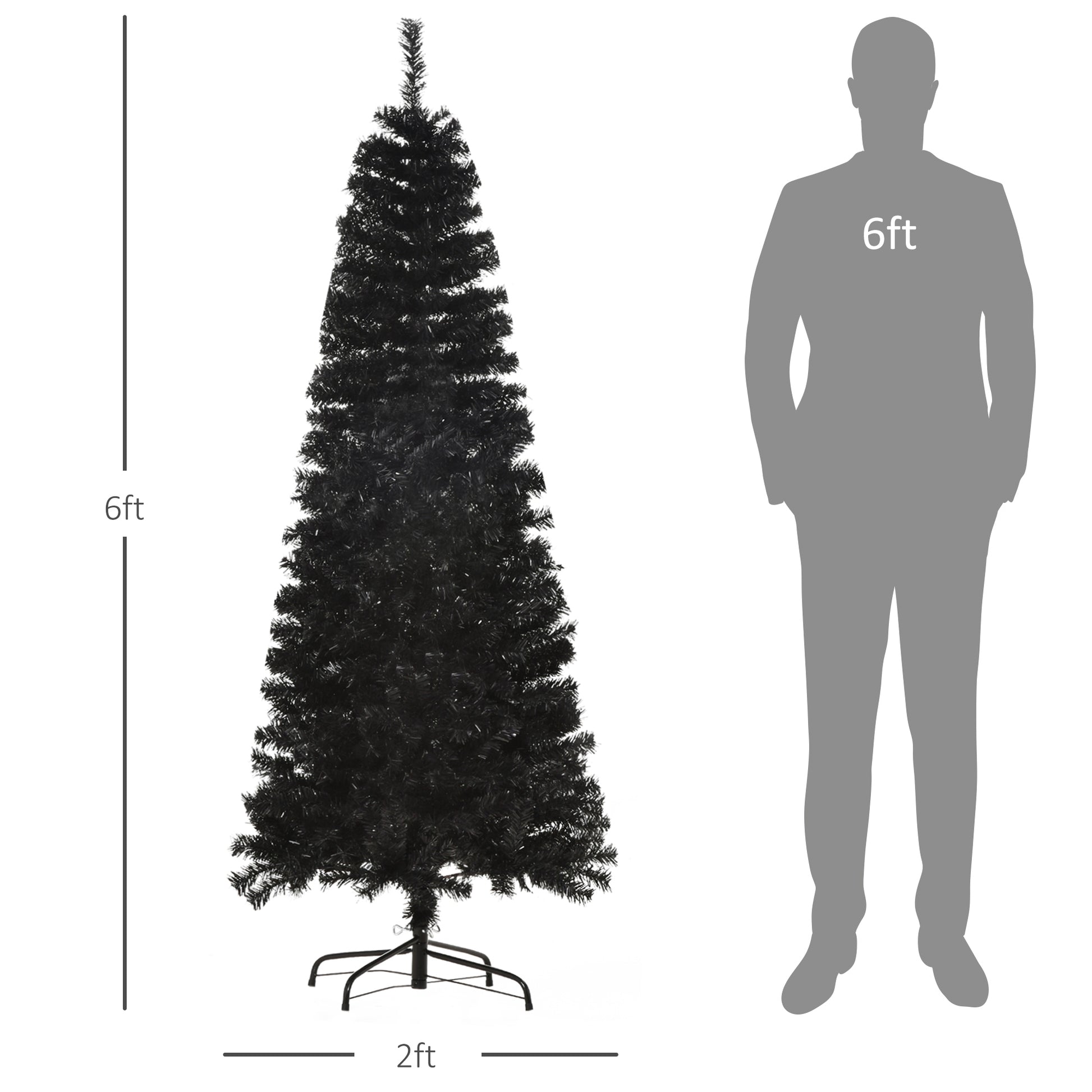 Homcom 6Ft Pencil Christmas Tree, Unlit Artificial Christmas Tree Slim Douglas Fir Xmas Tree With Realistic Branches, Halloween Tree With 618 Tips, Black Black Plastic