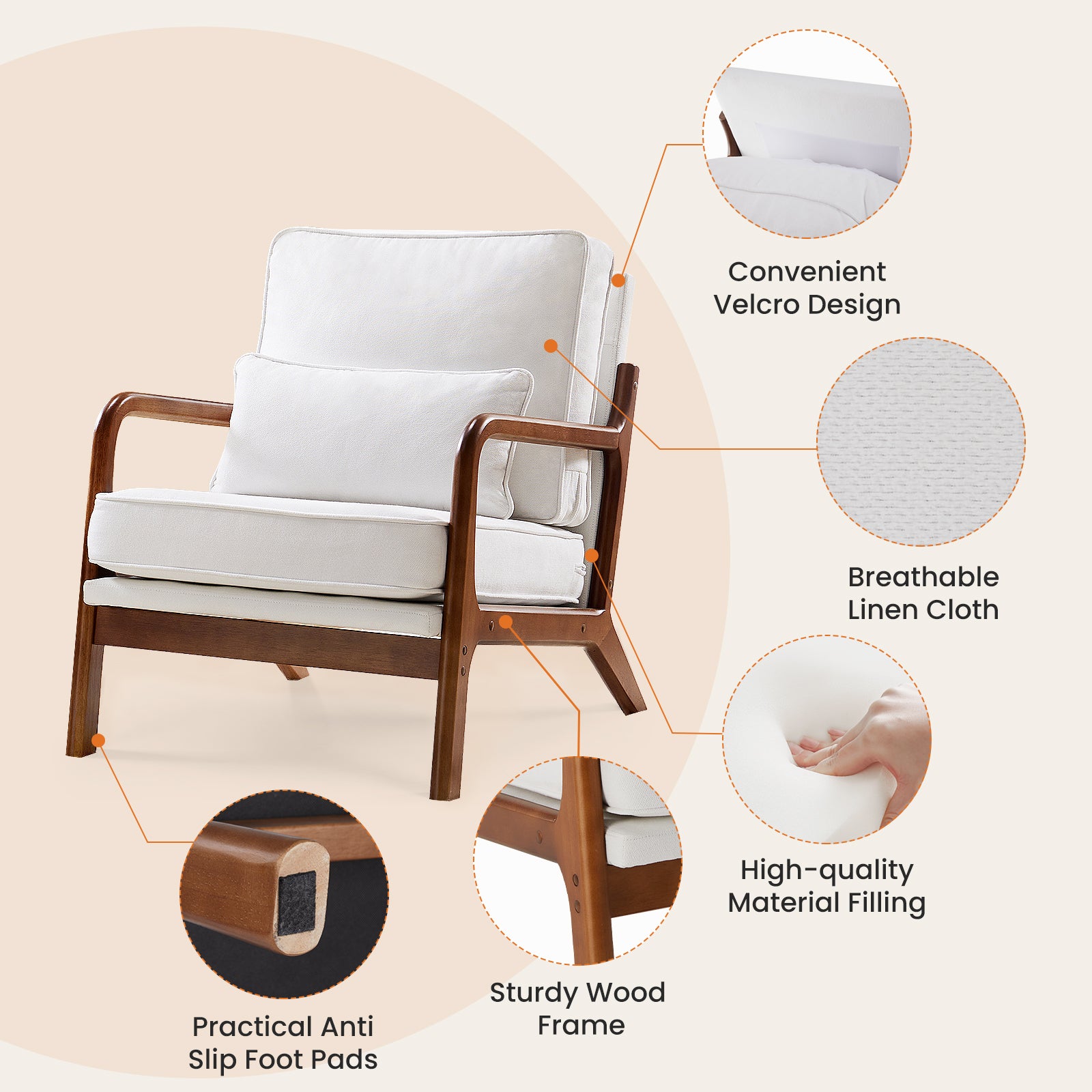 Chair With Lumbar Pillow, Lounge Arm Chairs, Linen Fabric Comfy Reading Chair With Wood Frame For Living Room Beige Acacia Wood