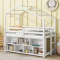 Twin House Loft Bed With Roof Frame, Under Bed Shelving Storage Unit, Guardrails, Ladder,White Twin White Bedroom American Design Pine Pine