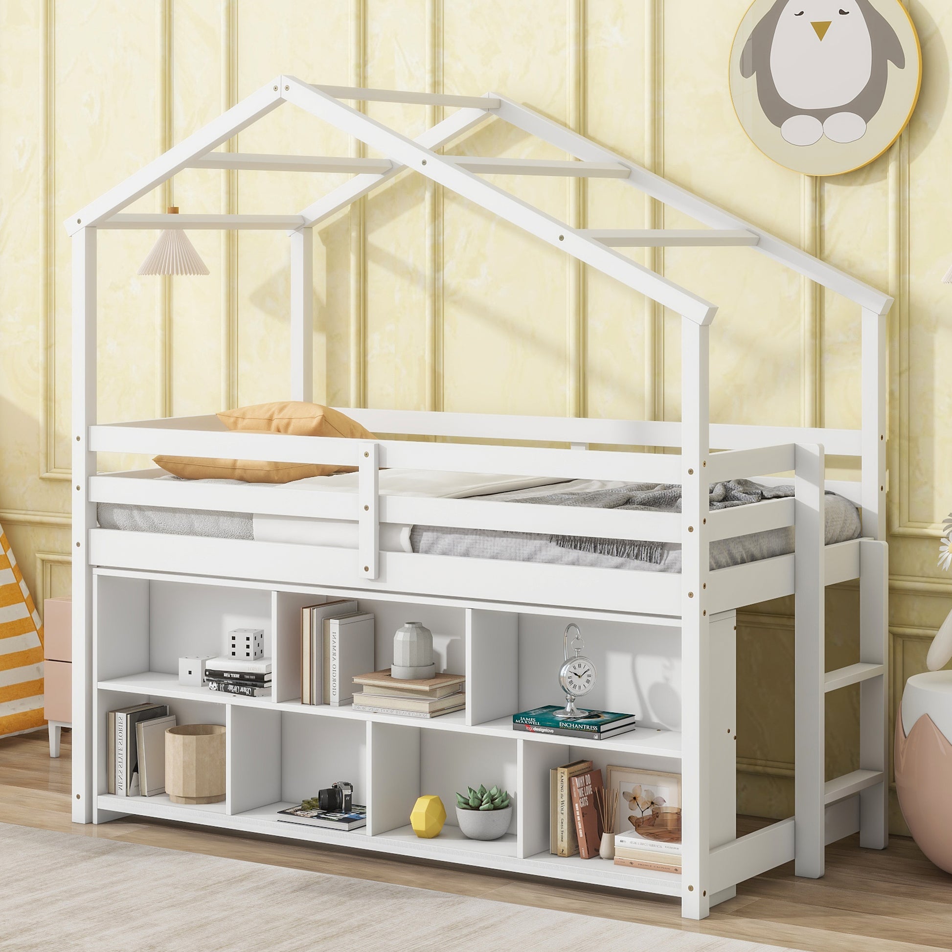 Twin House Loft Bed With Roof Frame, Under Bed Shelving Storage Unit, Guardrails, Ladder,White Twin White Bedroom American Design Pine Pine