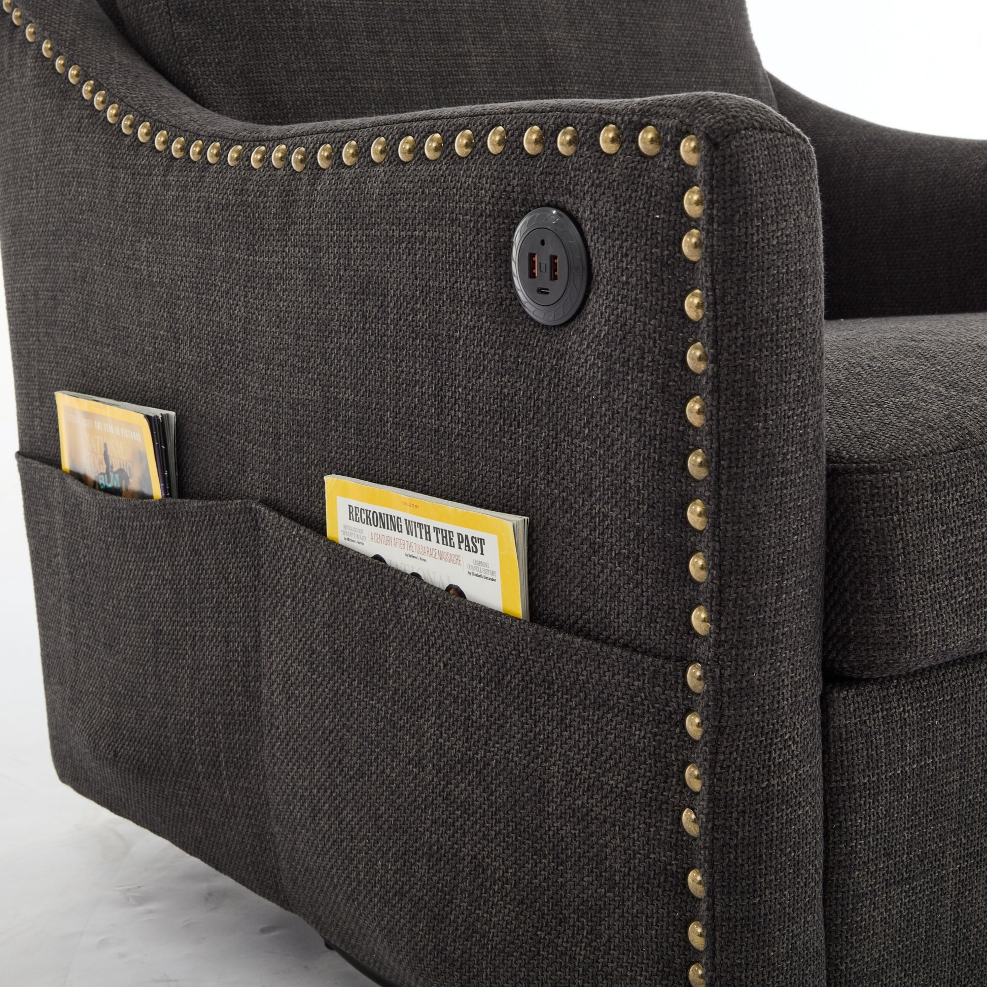 Dark Grey 360 Degree Swivel Rotating Accent Chair With Usb And Magazine Book For Living Room And Hotel Bed Room,Upholstered Accent Chair With Cooper Nail Dark Grey White Primary Living Space American Design,Classic,Modern Pine Foam Wood Fabric