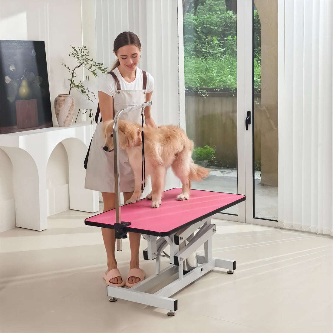 42.5Inch Hydraulic Pet Grooming Table Pink Color White Pink Mdf Steel