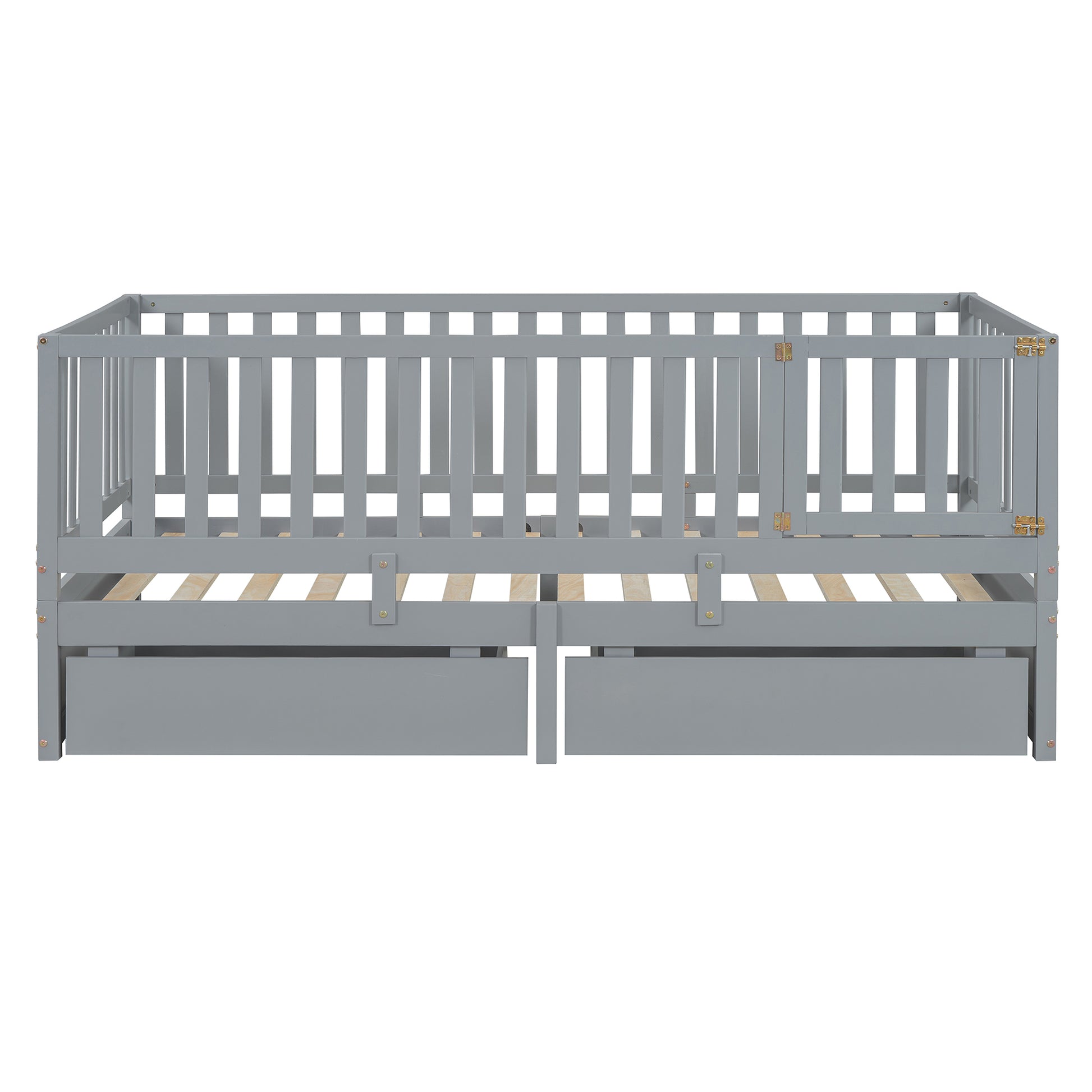 Twin Size Wood Daybed With Fence Guardrails And 2 Drawers, Split Into Independent Floor Bed & Daybed, Gray Old Sku :Lp000881Aae Twin Gray Solid Wood Mdf