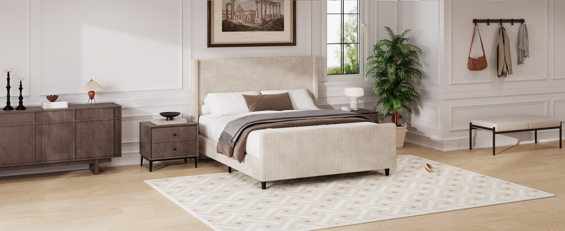 50.7'' High Headboard Corduroy Upholstered Bed Frame With Vertical Stripe Wingback And High Footboard No Box Spring Needed, King Size, Cream Box Spring Not Required King Cream Wood Bedroom Modern Bed Frame Wood