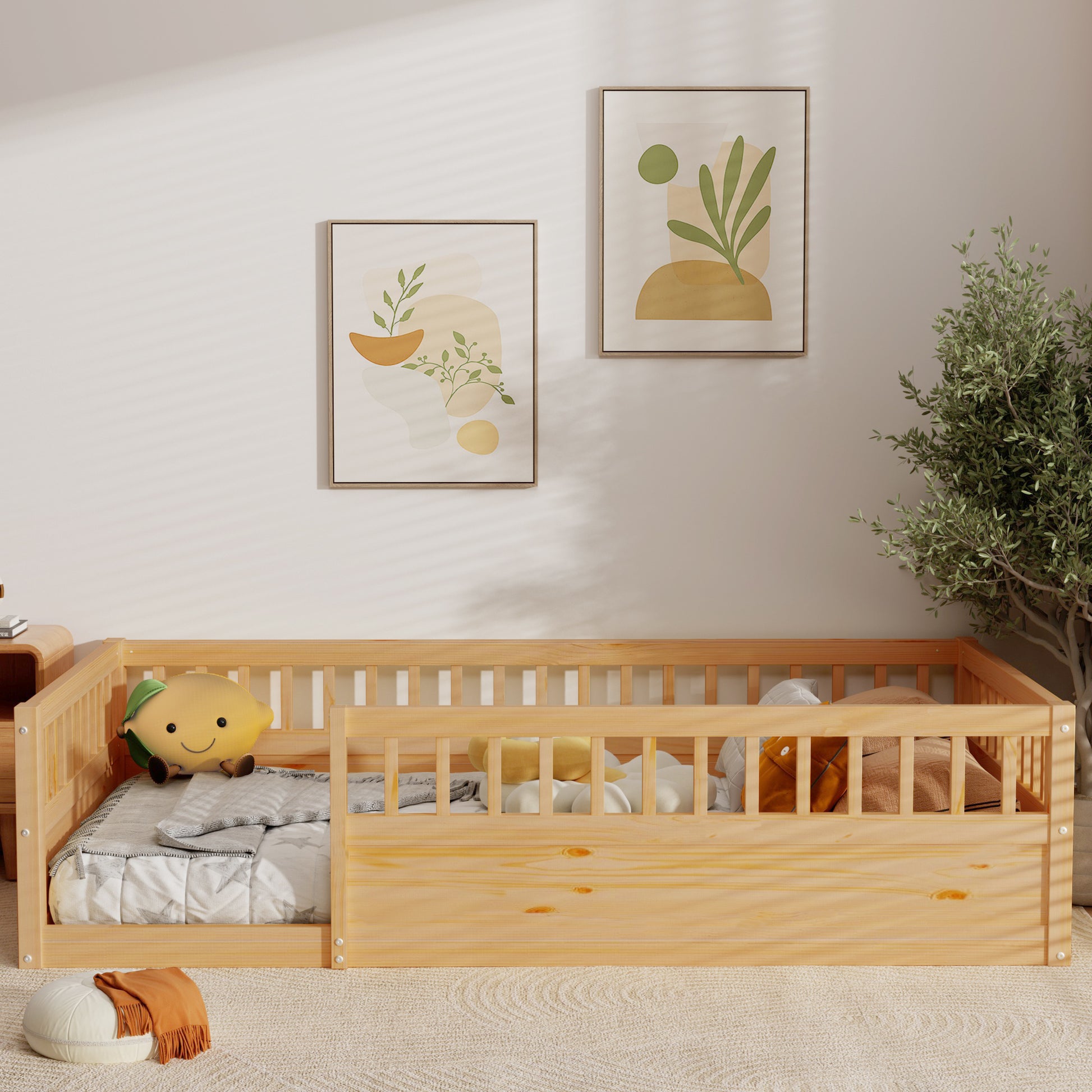 Twin Floor Bed Frame With Fence, Wood Kids Floor Beds Frame For Bedroom Playroom,Natural Expect Arrive Date Jun. 21St Twin Natural Pine