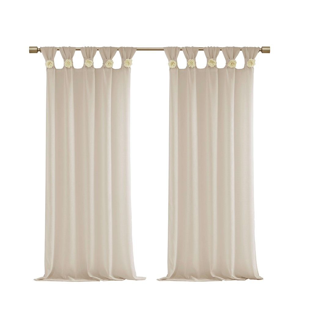 Floral Embellished Cuff Tab Top Solid Curtain Panel Only 1 Pc Panel Beige Linen