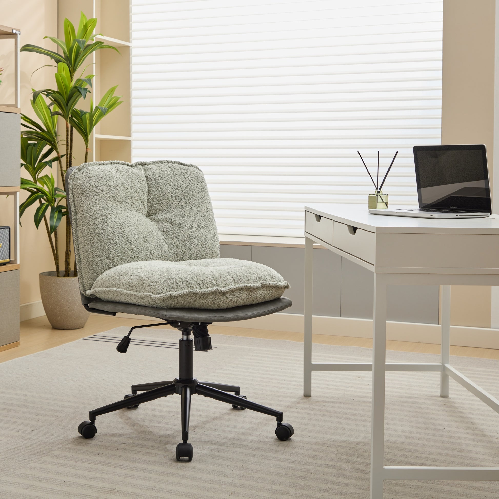 Oversize Seat Cirss Cross Chair With Wheels, Elegant Design Computer Chair, Adjustable Height 360 Rolling Swivel Home Office Chair For Small Space, Dressing Room, Living Room Gray Green Gray Primary Living Space Casual Foam Pu Leather